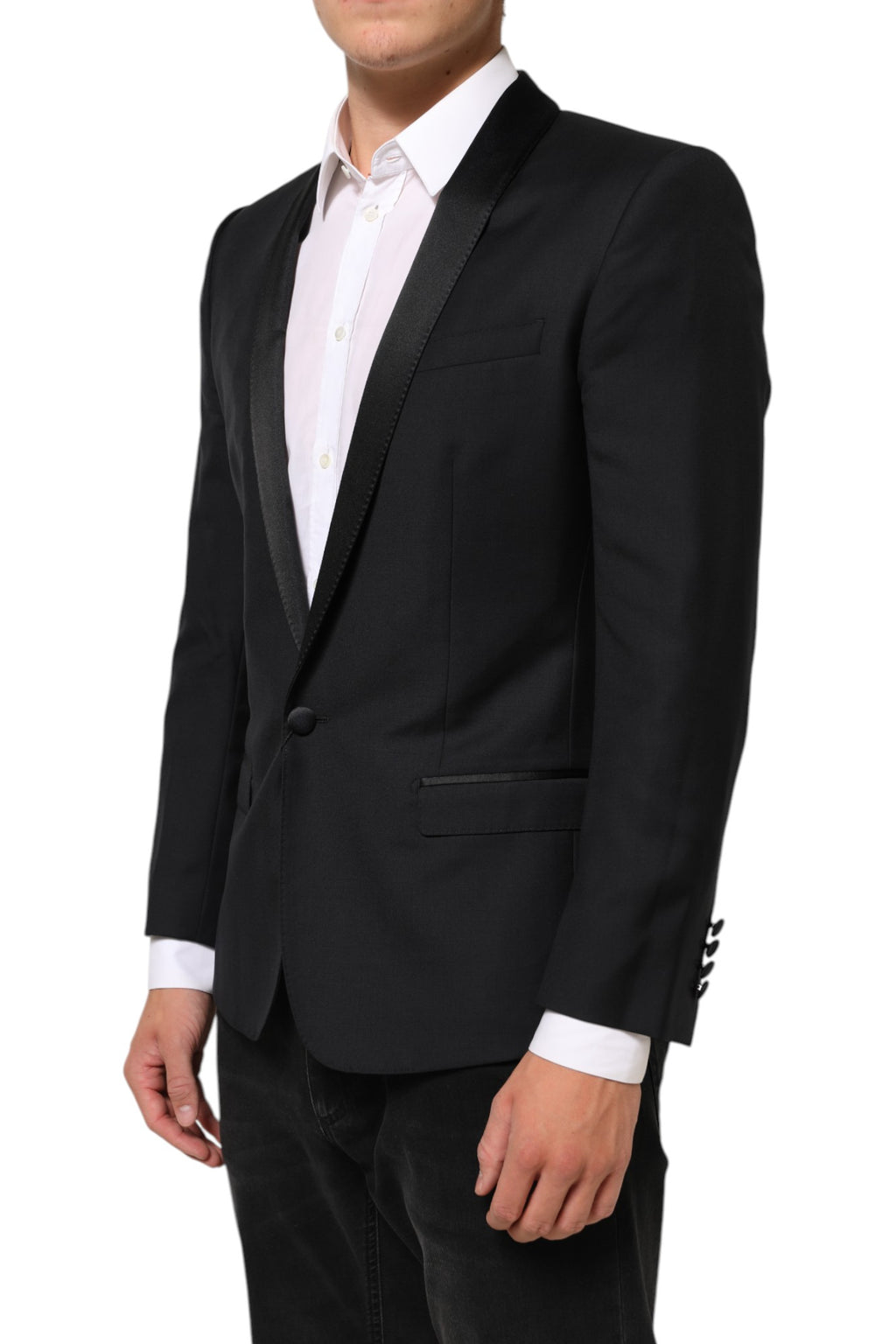 Veste blazer noire Dolce & Gabbana avec bouton unique en or, costume élégant pour homme, vue de face.