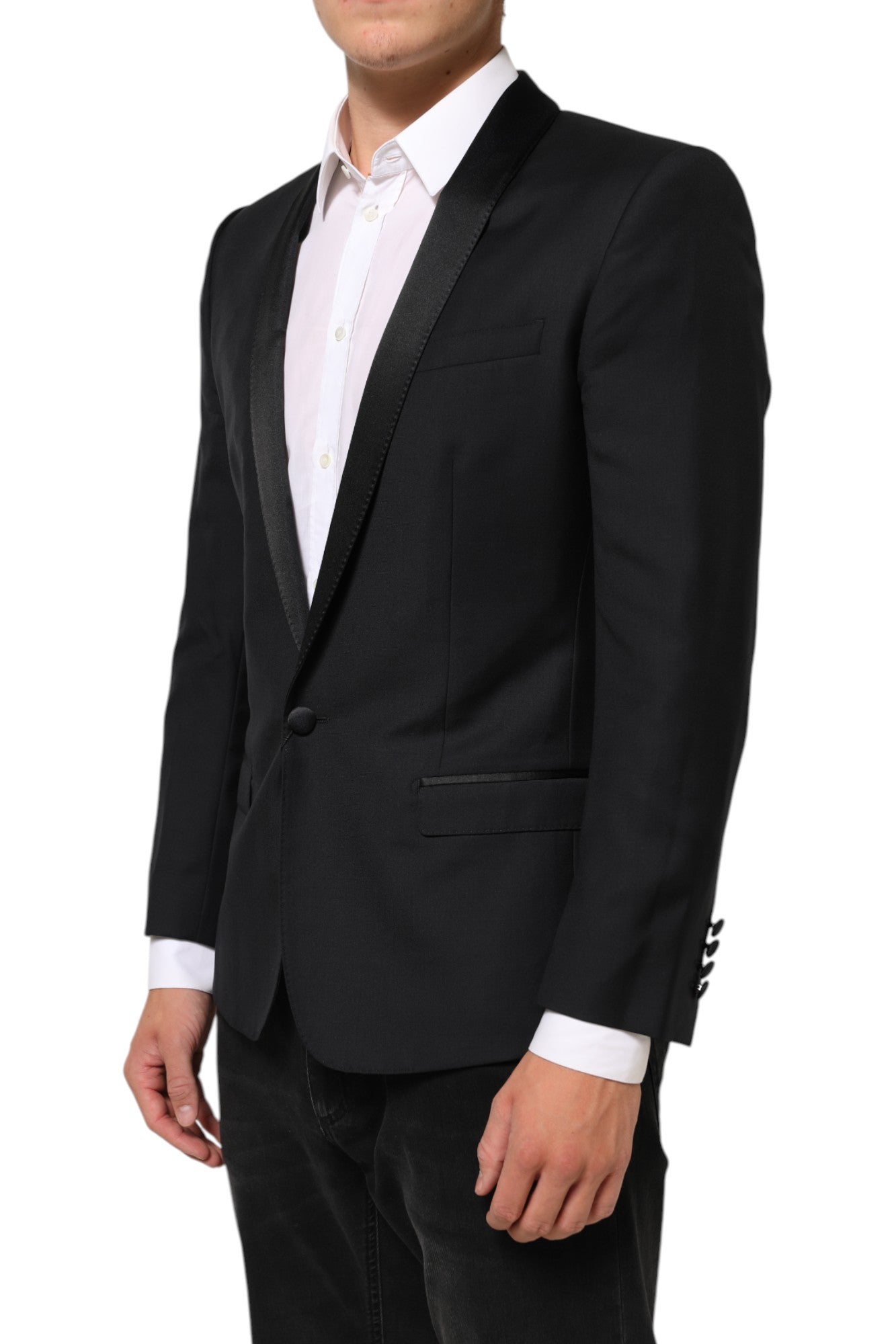 Veste blazer noire Dolce & Gabbana avec bouton unique en or, costume élégant pour homme, vue de face.