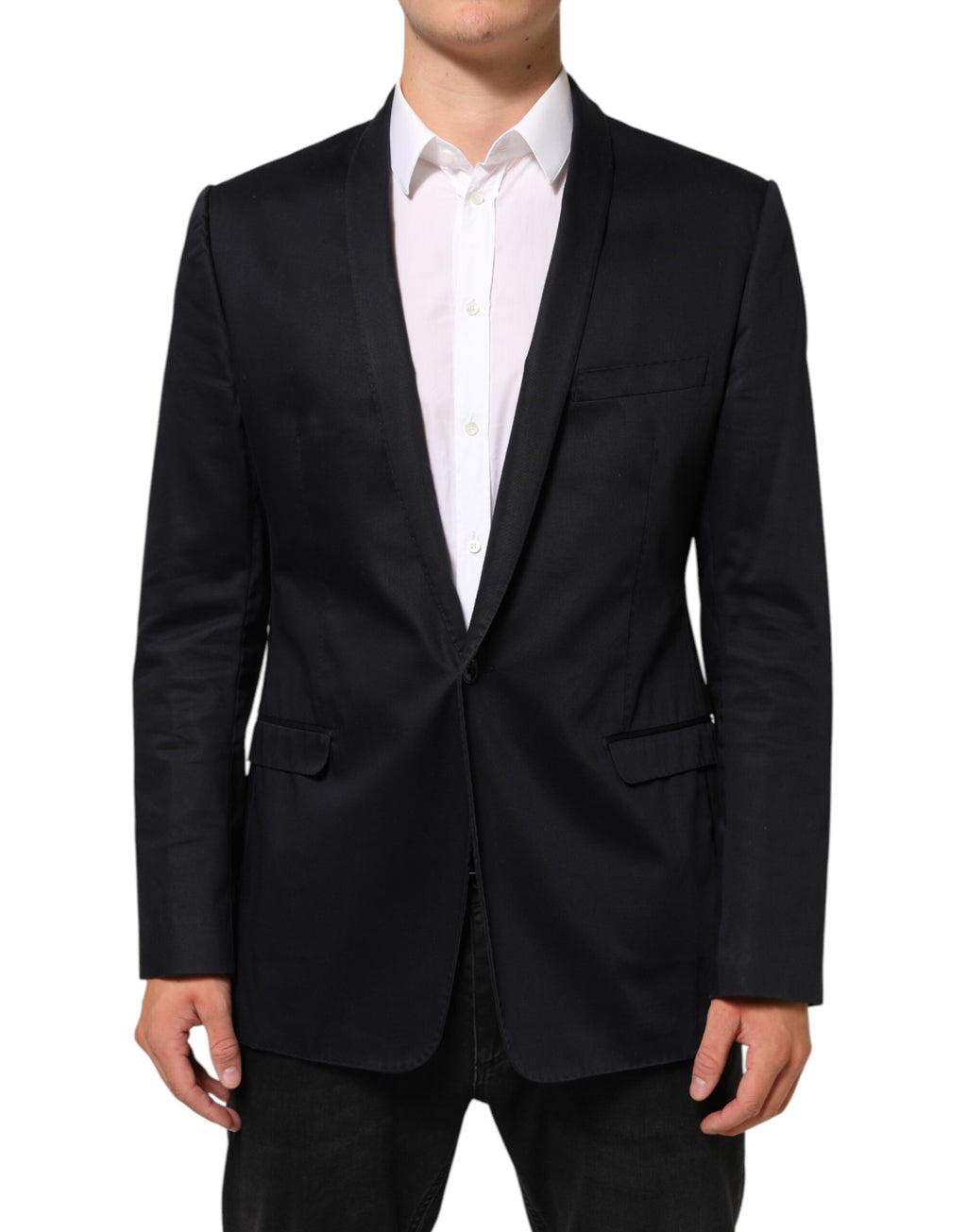 Veste blazer noire en coton Dolce & Gabbana avec un bouton unique, vue de face sur fond neutre.