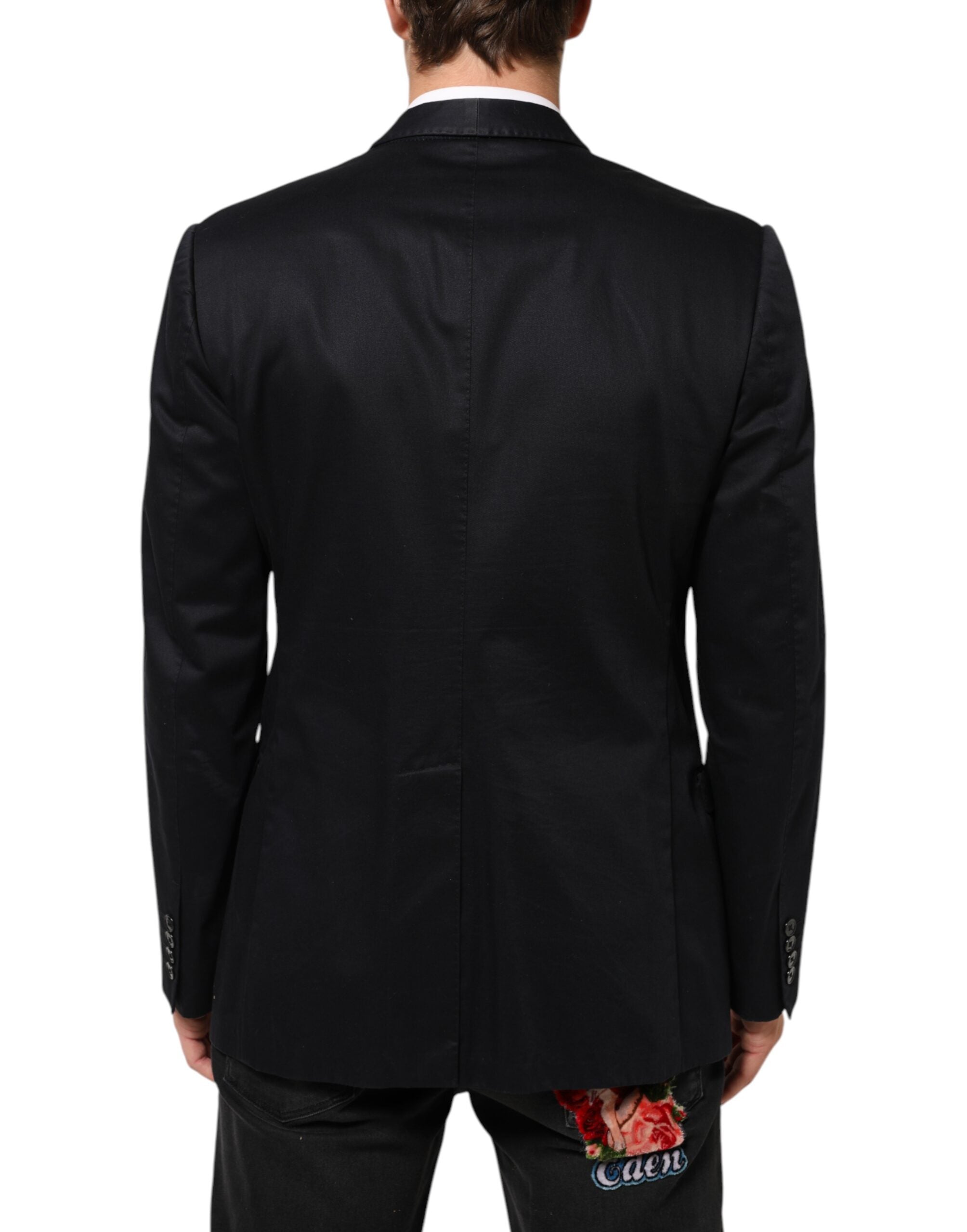 Veste blazer noire en coton Dolce & Gabbana avec un bouton unique, élégante et ajustée, portée sur un mannequin.