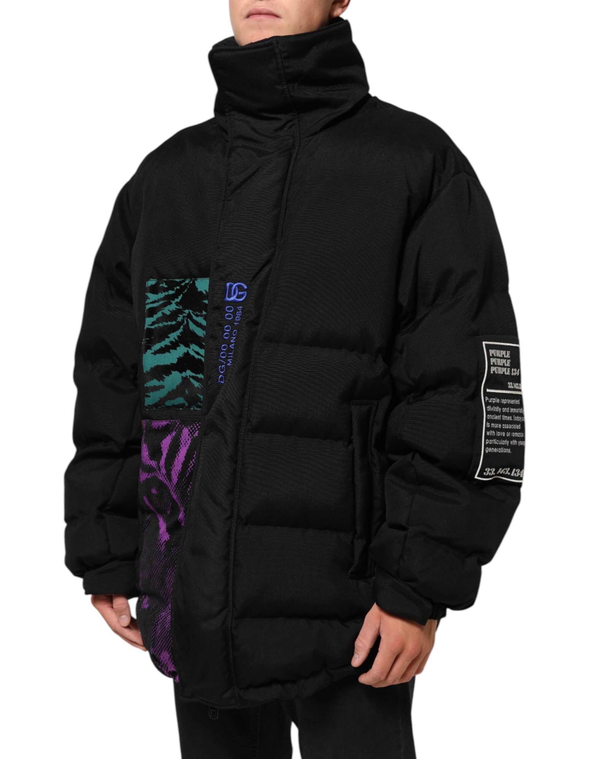 Veste homme Dolce & Gabbana en nylon noir, matelassée, à zip complet, style puffer, décontractée et moderne.