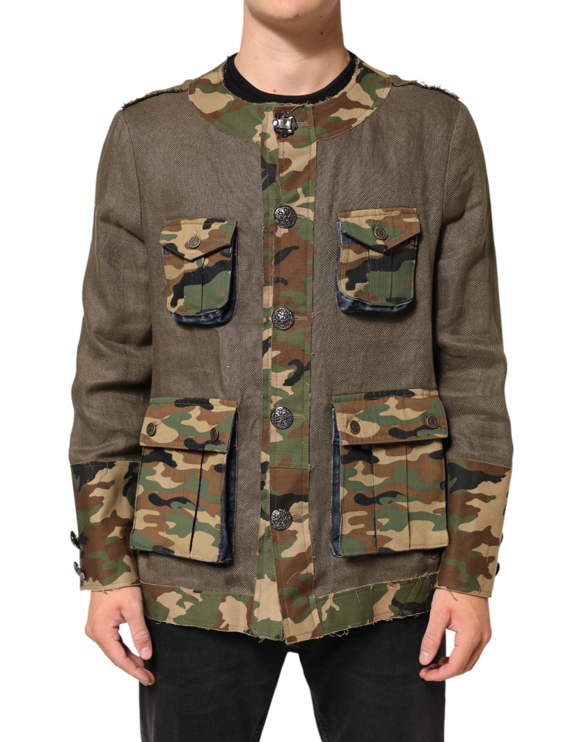 Veste en lin à boutons de camouflage marron de Dolce & Gabbana, style décontracté et tendance.