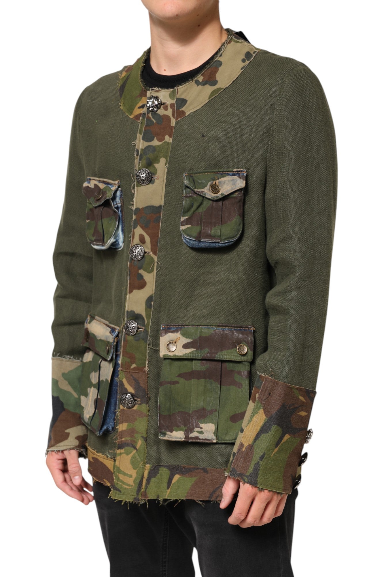 Veste en lin camouflage marron Dolce & Gabbana avec boutons, style décontracté et tendance.
