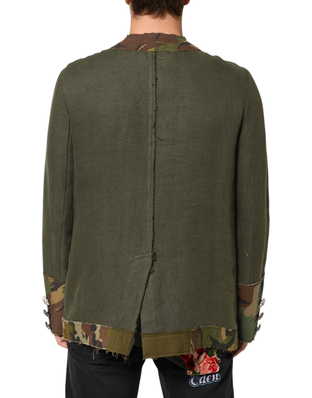 Veste en lin camouflage marron Dolce & Gabbana avec boutons, style décontracté et tendance.