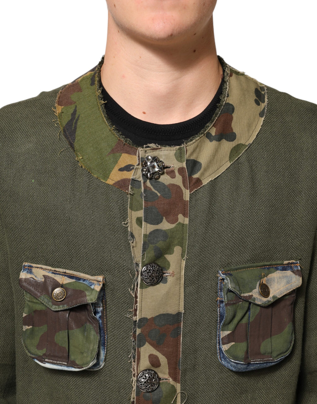 Veste en lin camouflage marron Dolce & Gabbana avec boutons, vue de face, mode décontractée et élégante.