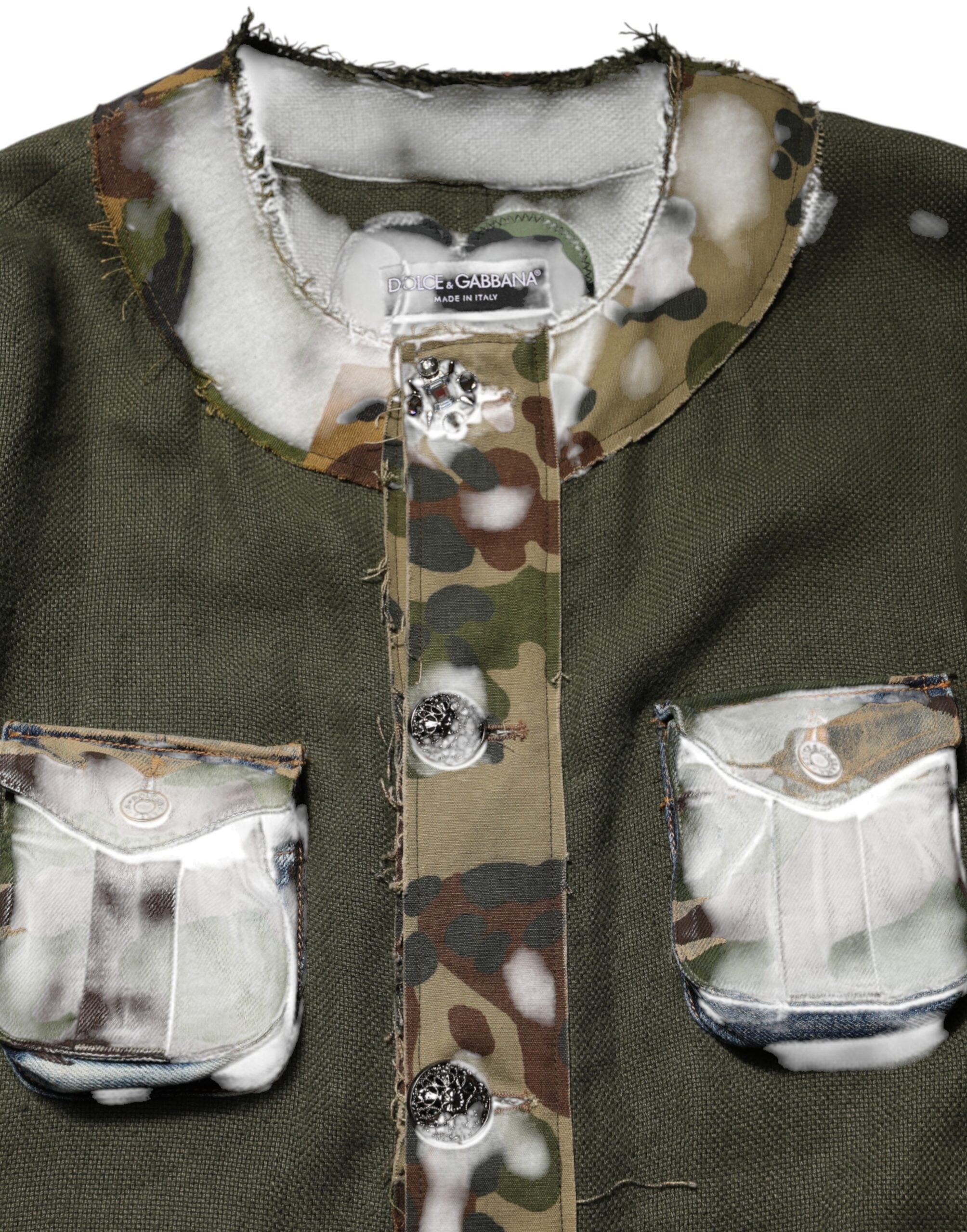 Veste en lin camouflage marron Dolce & Gabbana avec boutons, décontractée et élégante, visible sur le produit.