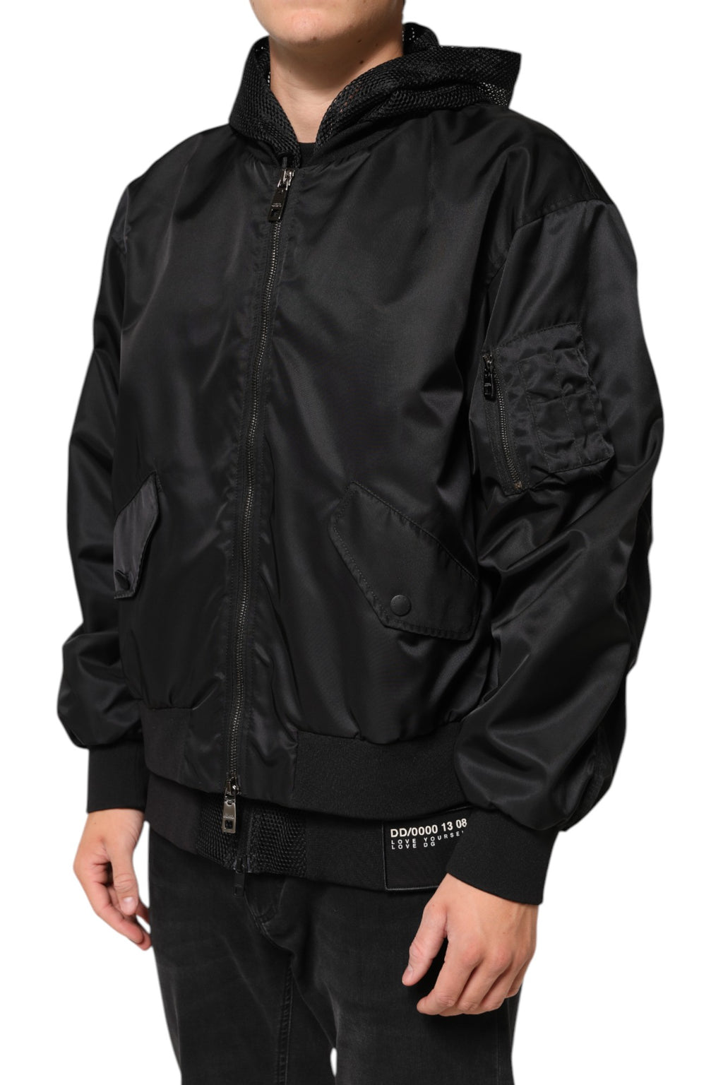 Veste bomber noire pour homme de Dolce & Gabbana en nylon avec capuche et fermeture éclair complète.