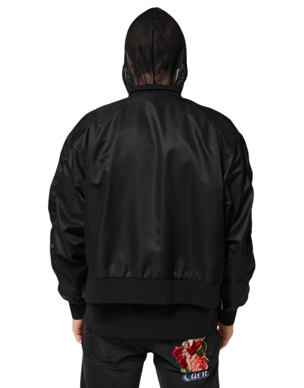 Veste bomber noire pour homme Dolce & Gabbana en nylon avec capuche et fermeture éclair complète, style moderne et élégant.