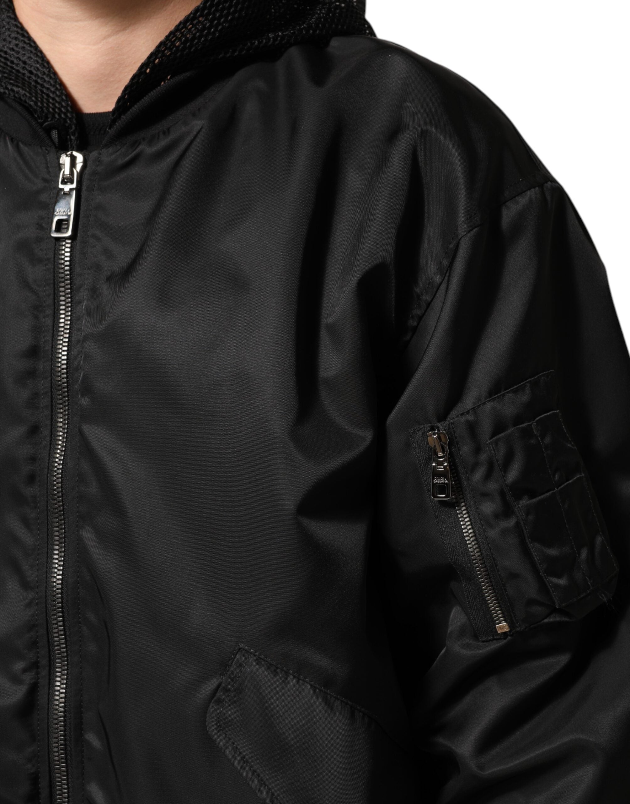 Veste bomber noire en nylon avec capuche et fermeture éclair intégrale de Dolce & Gabbana pour homme