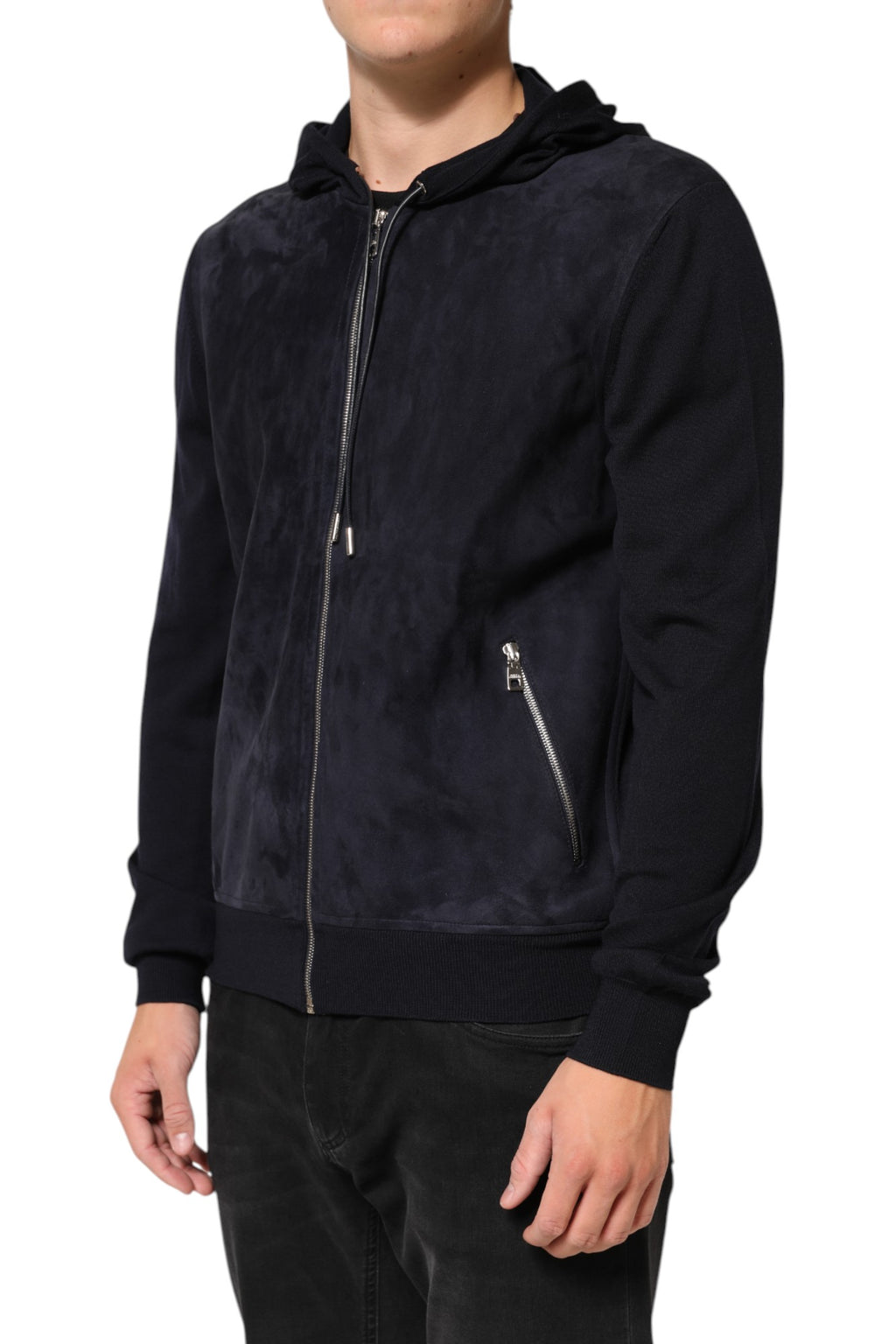Veste blouson à capuche en cuir noir Dolce & Gabbana avec fermeture éclair intégrale, style moderne et élégant.