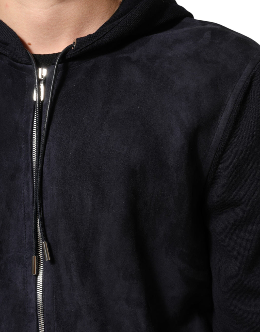 Veste blouson noire en cuir Dolce & Gabbana avec capuche et fermeture éclair complète, style décontracté et élégant.
