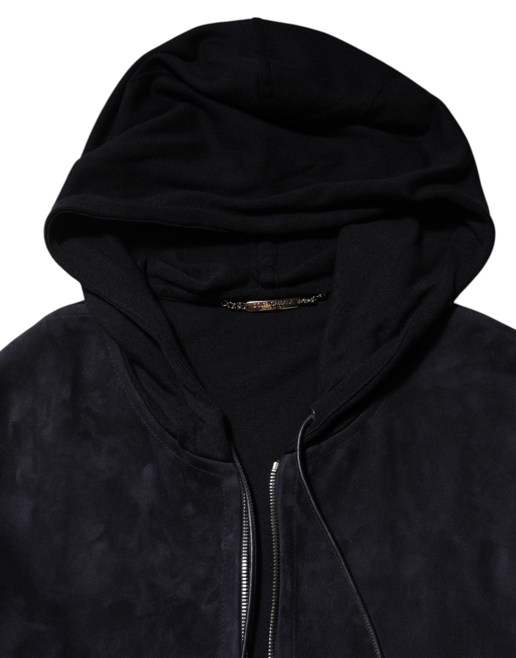 Veste blouson Dolce & Gabbana en cuir noir avec capuche à fermeture éclair complète, mode élégante et décontractée.