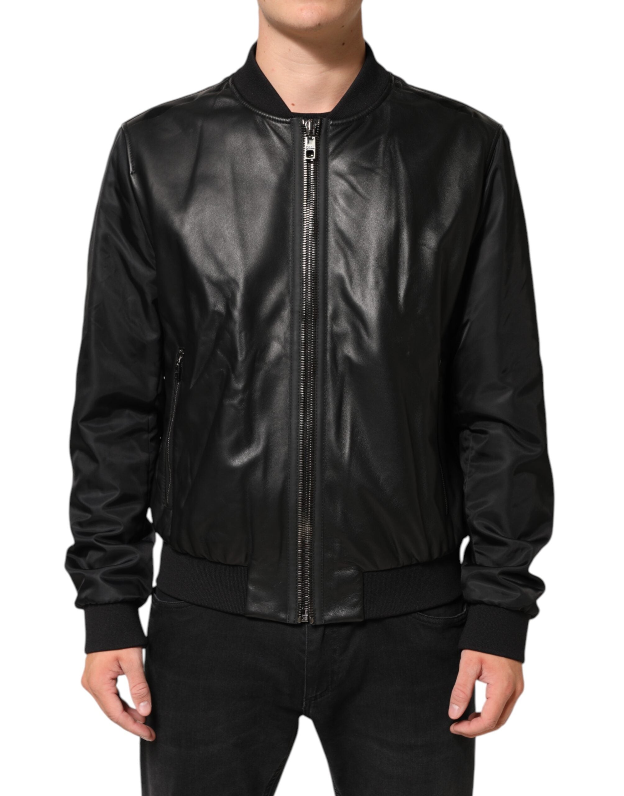 Veste blouson noire en cuir et nylon Dolce & Gabbana avec fermeture à zip complète, style élégant et moderne.