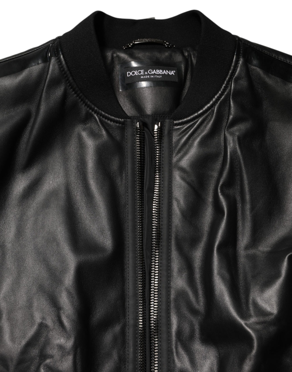 Veste blouson noire Dolce & Gabbana en cuir et nylon avec zip complet, style moderne et élégant.