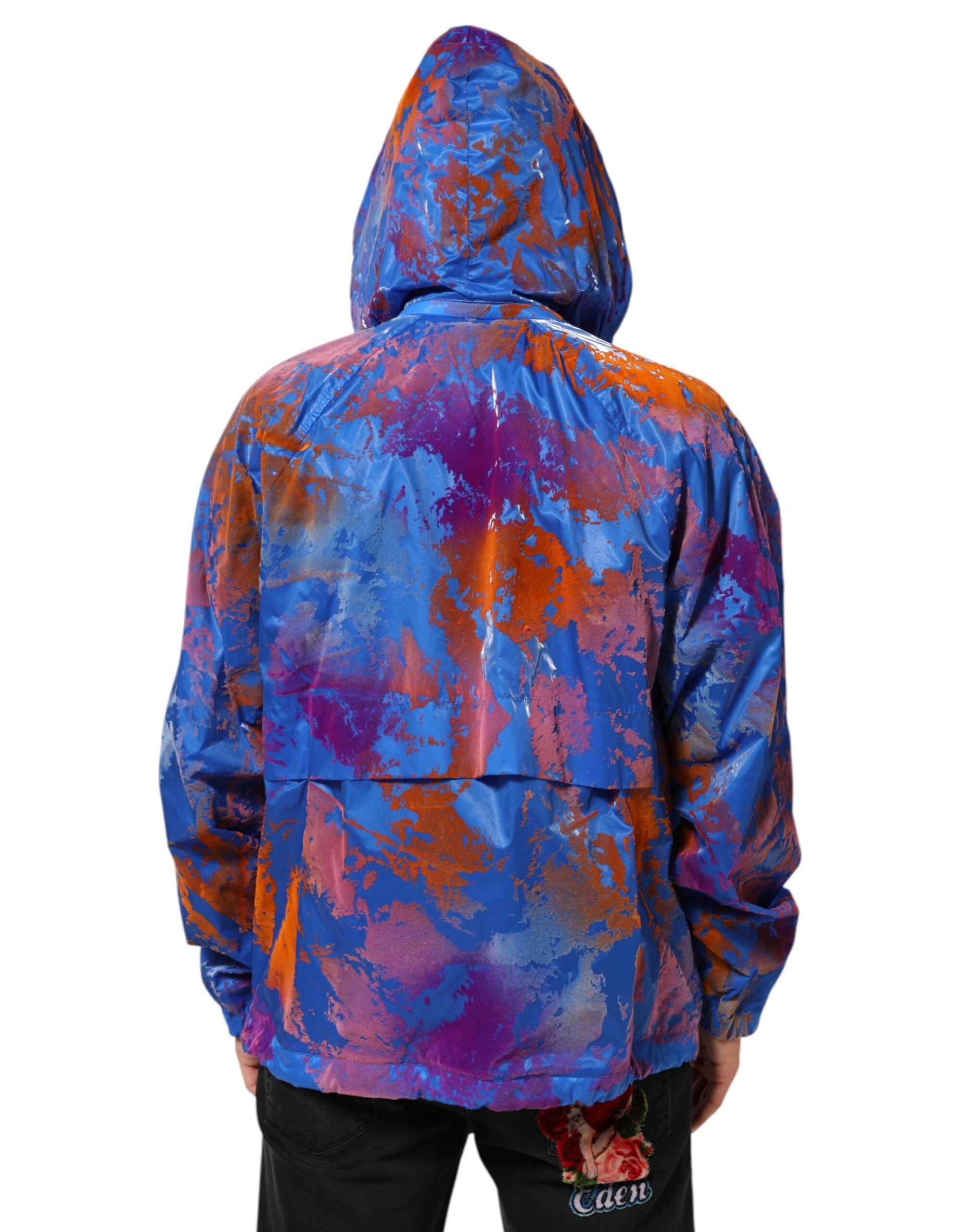 Sweat à capuche Dolce & Gabbana bleu avec logo tie-dye, veste décontractée en coton avec fermeture éclair et poches frontales.