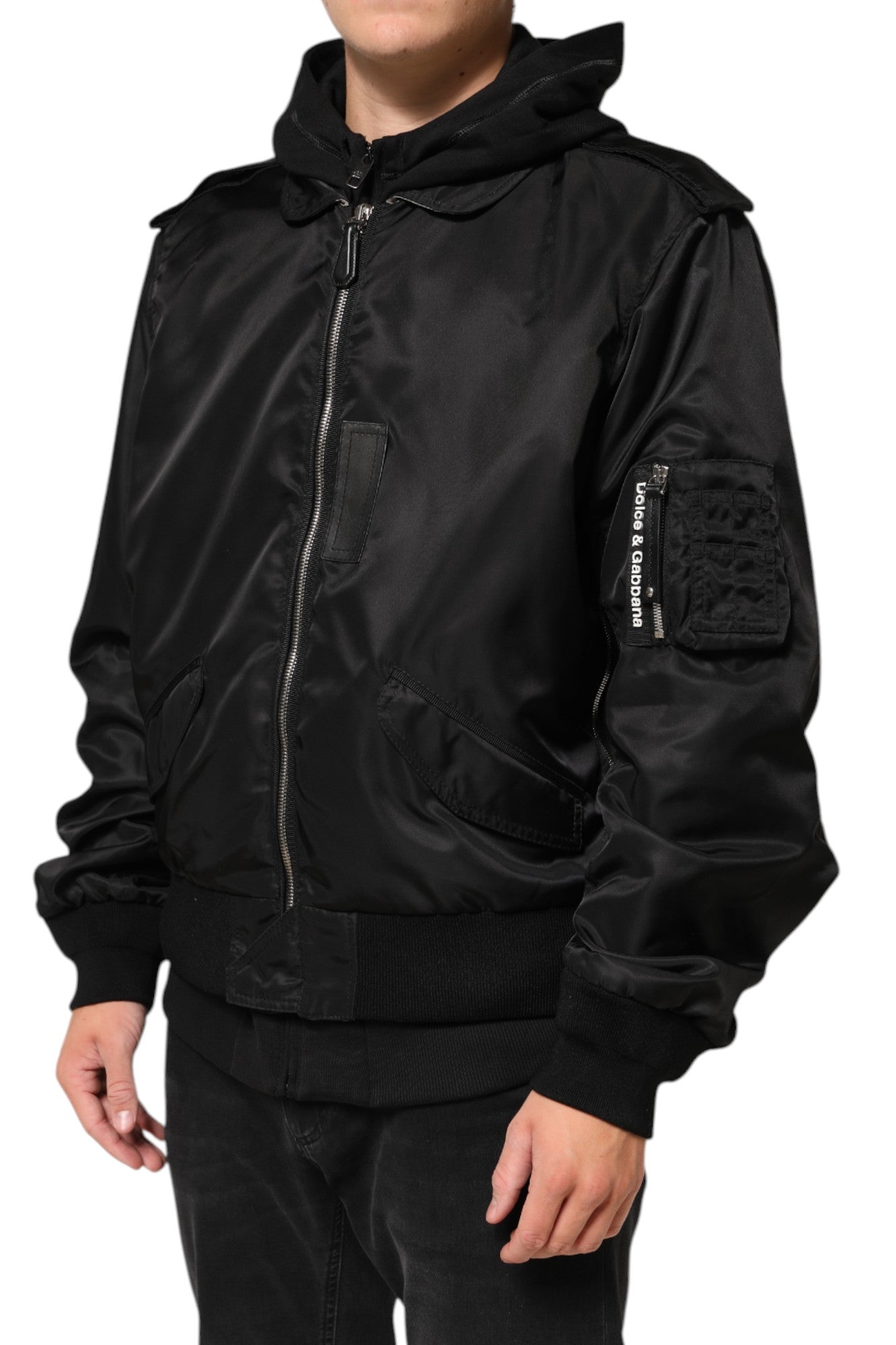 Veste bomber noire Dolce & Gabbana en coton avec capuche et fermeture éclair complète, style décontracté et tendance.