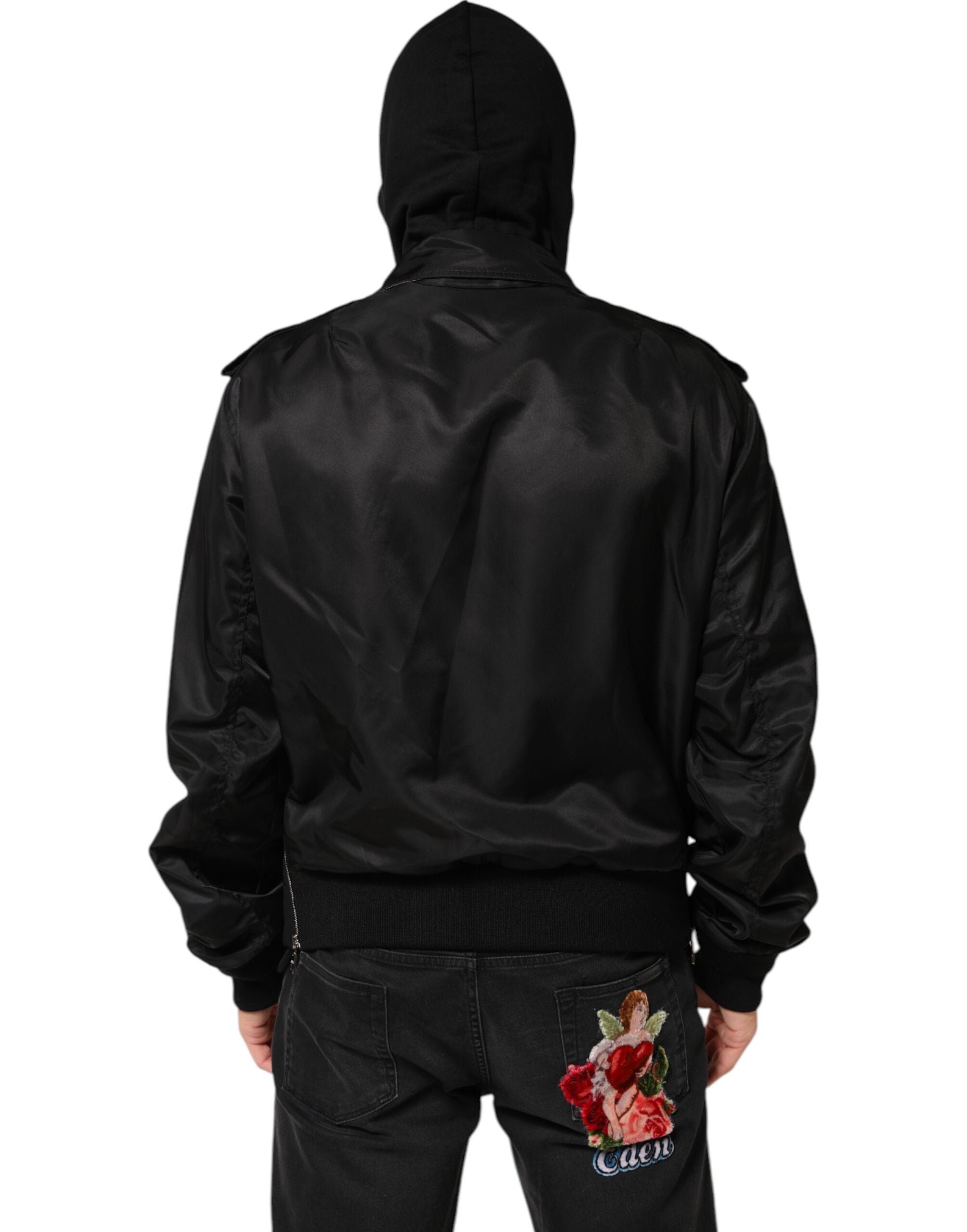 Veste bomber noire en coton avec capuche et fermeture éclair complète de Dolce & Gabbana, style décontracté et moderne.
