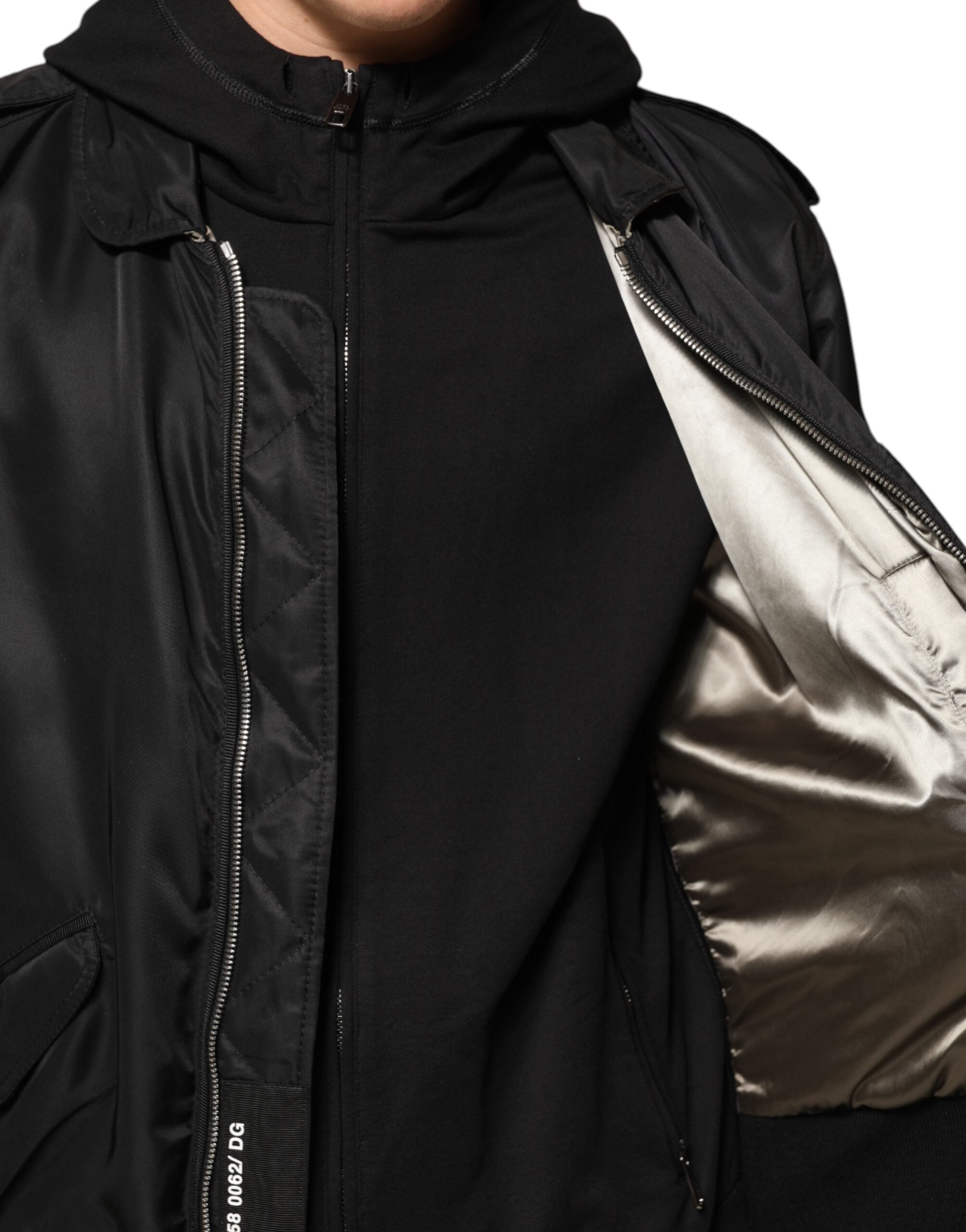 Veste bomber noire en coton à capuche Dolce & Gabbana avec fermeture éclair complète et design élégant.