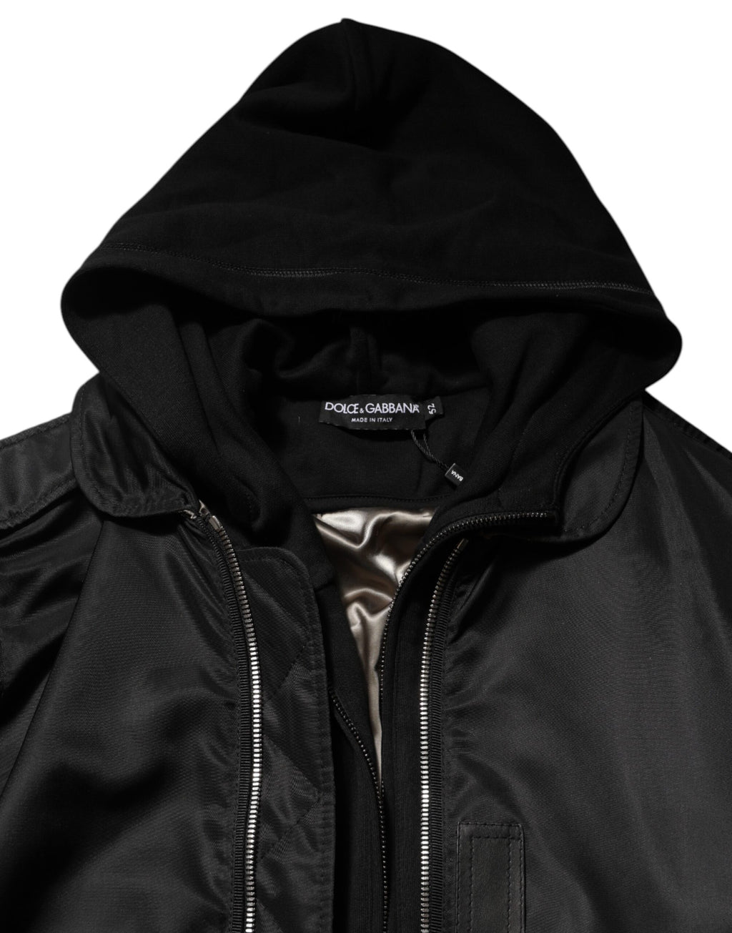 Veste bomber noire en coton avec capuche et fermeture éclair complète de Dolce & Gabbana, style décontracté et moderne.