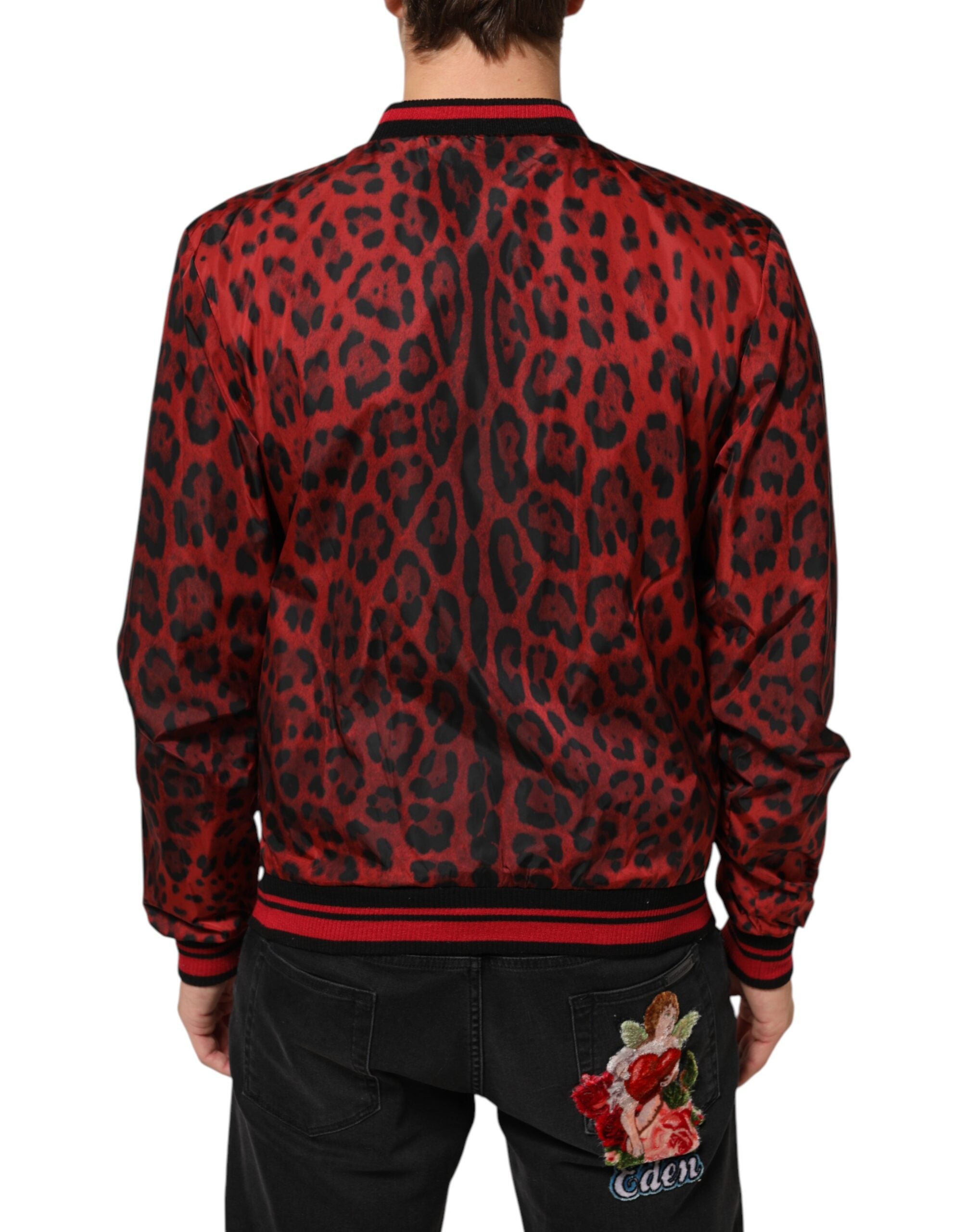 Veste bomber homme Dolce & Gabbana rouge à imprimé léopard avec zip complet, style tendance et moderne.