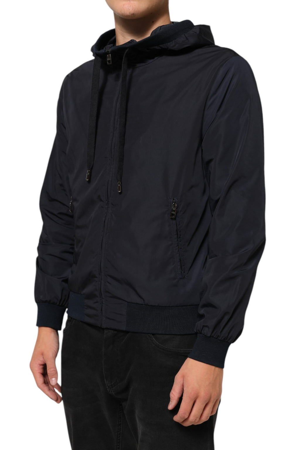 Veste bomber à capuche Dolce & Gabbana avec logo bleu, fermeture éclair complète, style décontracté et tendance.
