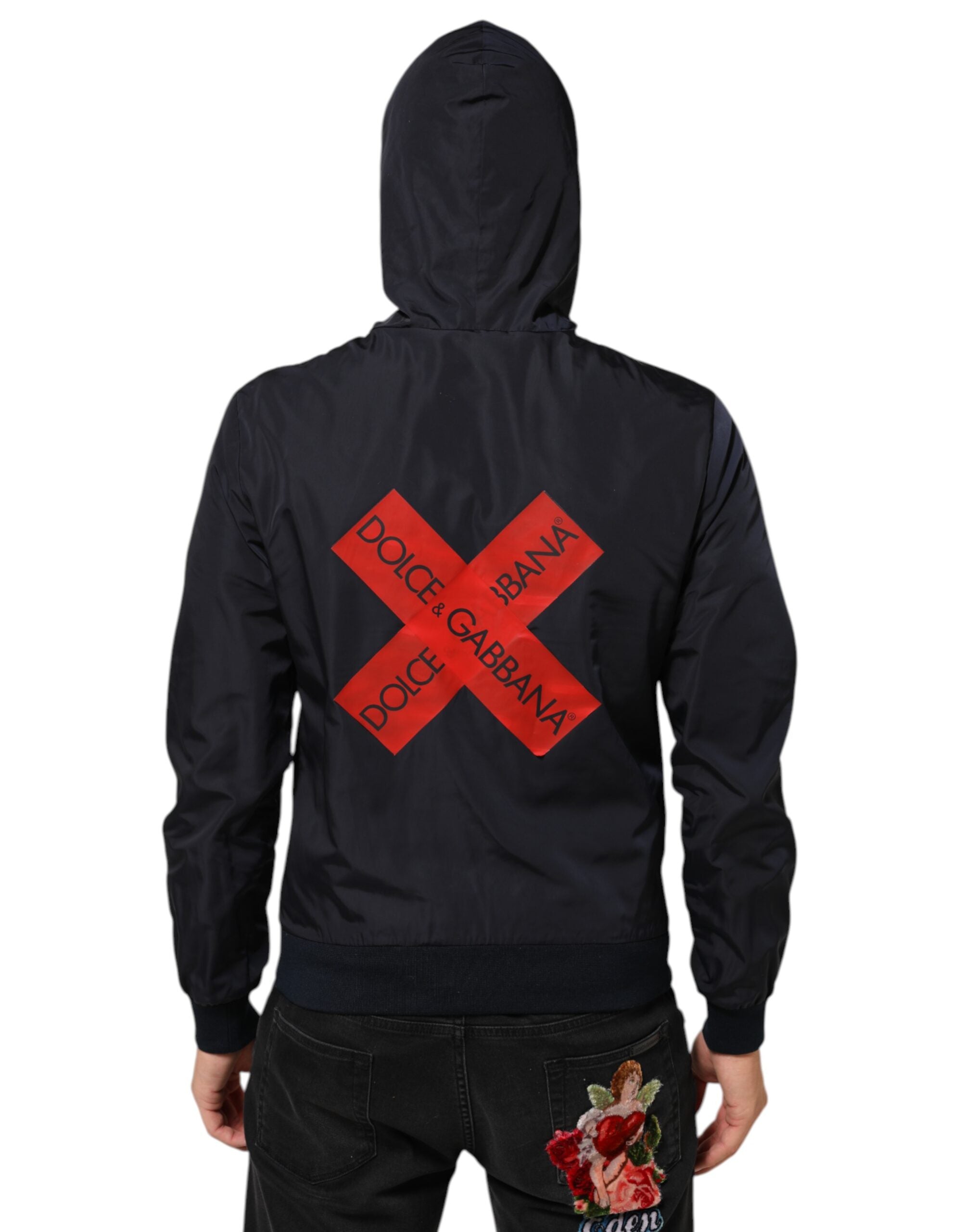 Veste bomber Dolce & Gabbana à capuche avec fermeture éclair, logo bleu et bande logo sur la poitrine, en tissu léger.