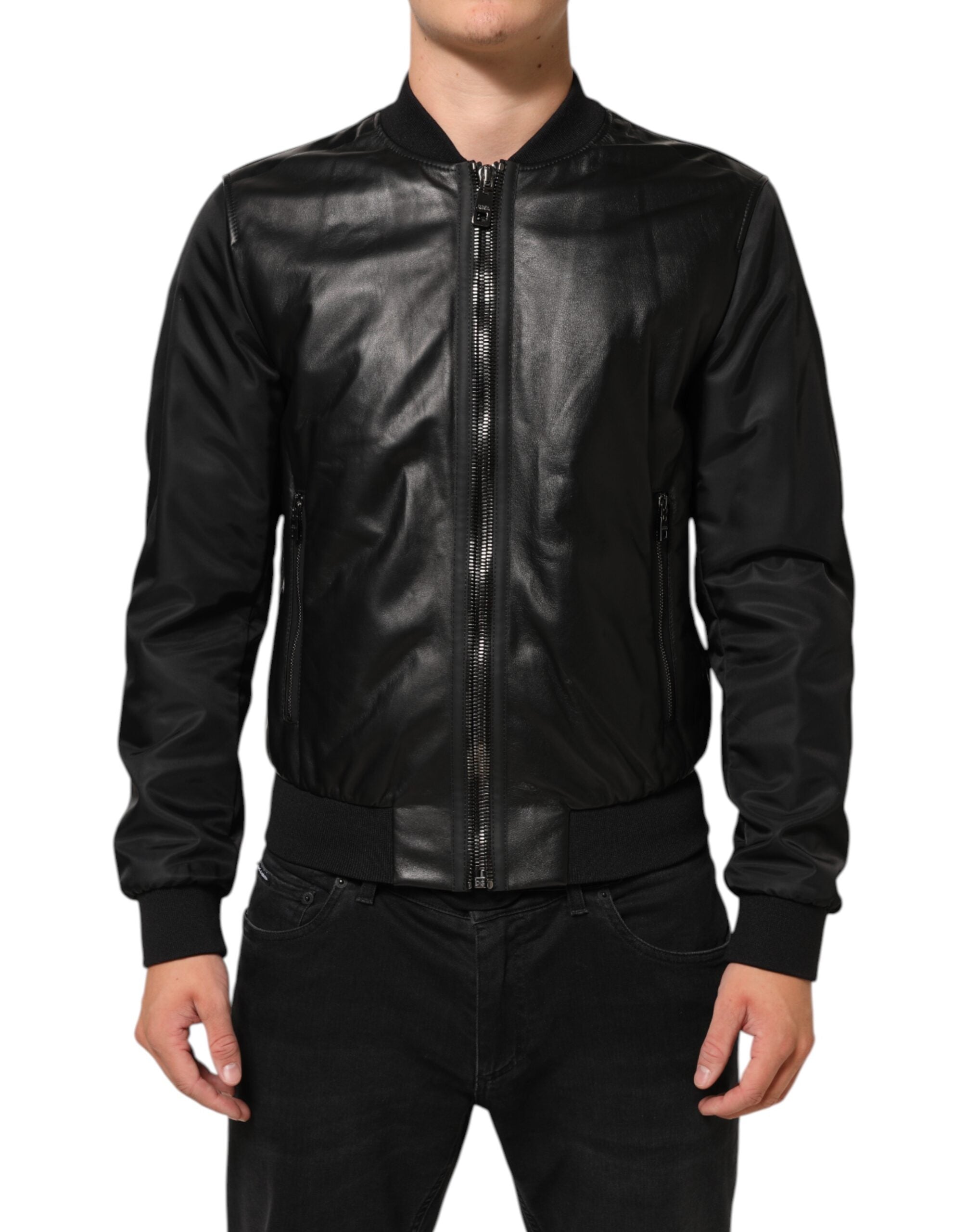 Veste blouson Dolce & Gabbana en cuir noir et nylon avec fermeture éclair complète, style décontracté et moderne.