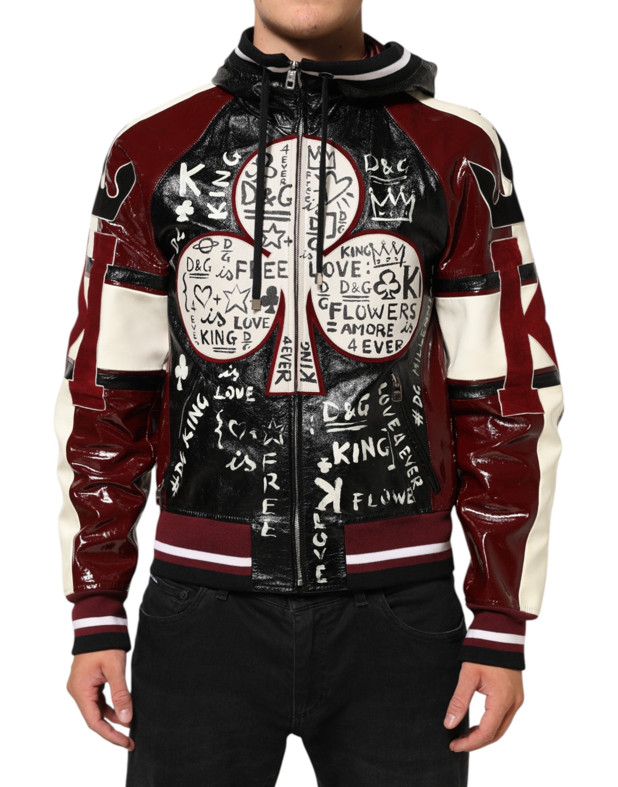 Veste en cuir à capuche multicolore Dolce & Gabbana DG King pour homme, style blouson motard avec détails colorés.