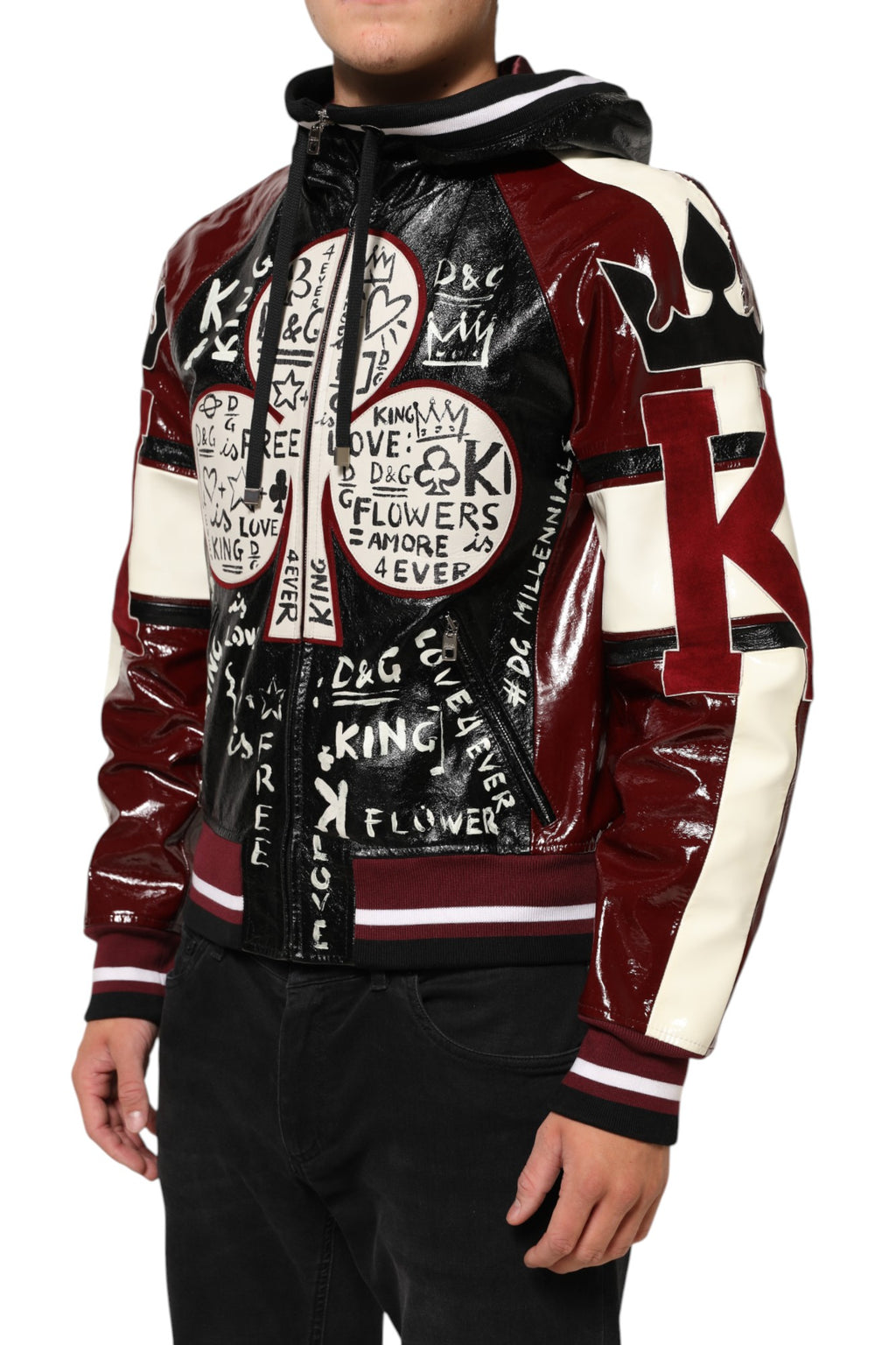 Veste en cuir Dolce & Gabbana pour homme, multicolore, à capuche et style blouson motard avec logo DG.
