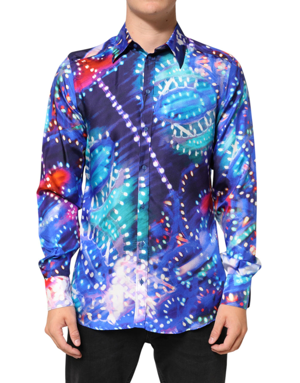 Chemise pour homme Dolce & Gabbana Luminarie MARTINI multicolore, style slim avec motif coloré, en tissu élégant.