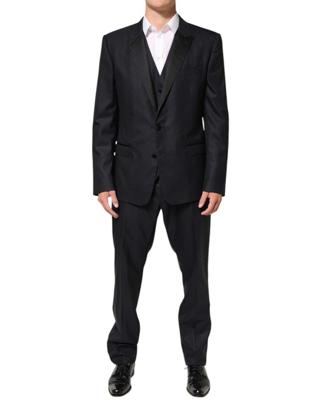 Costume trois pièces noir Dolce & Gabbana Martini avec deux boutons, veste élégante et pantalon assorti.