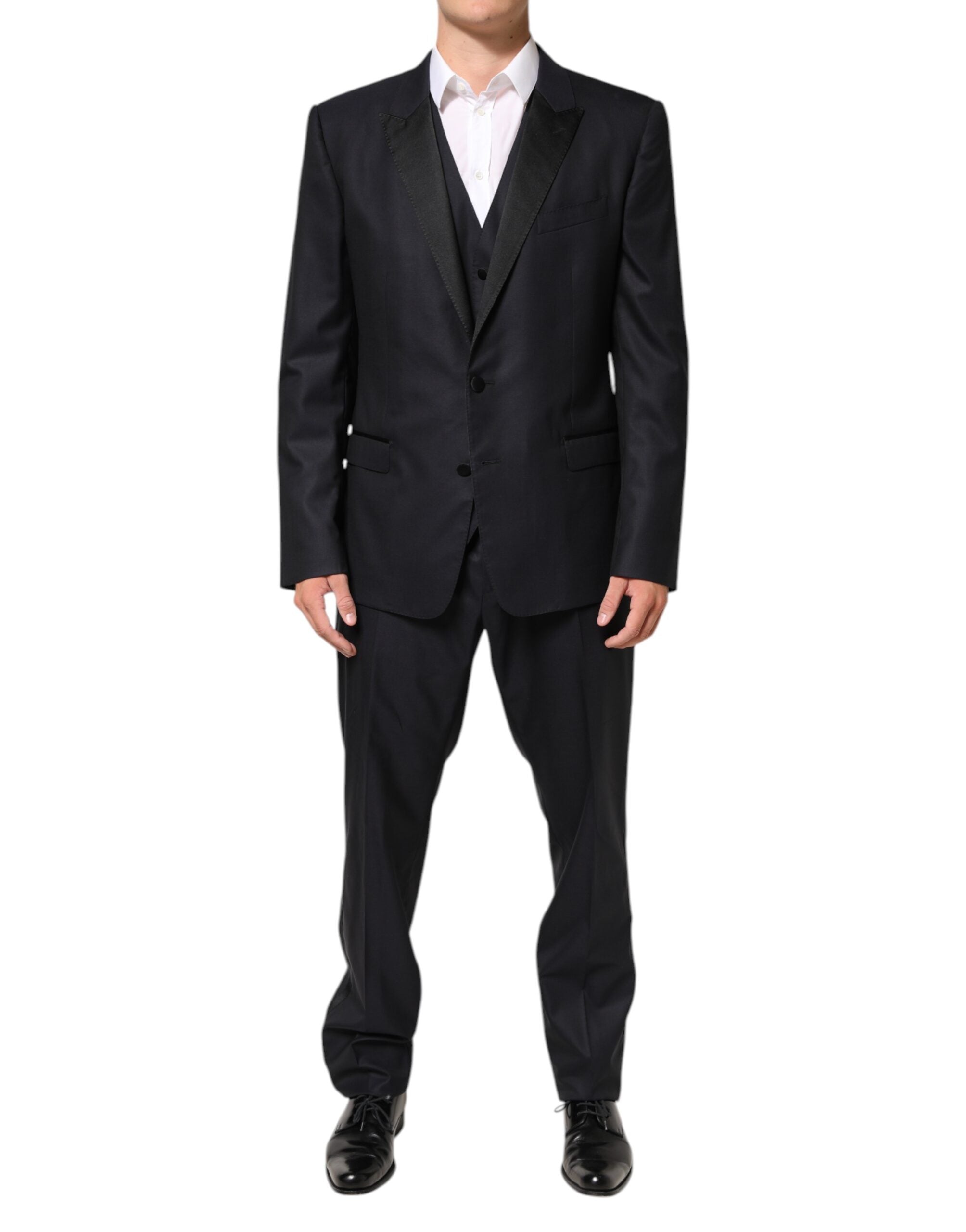 Costume trois pièces noir Dolce & Gabbana Martini avec deux boutons, veste élégante et pantalon assorti.