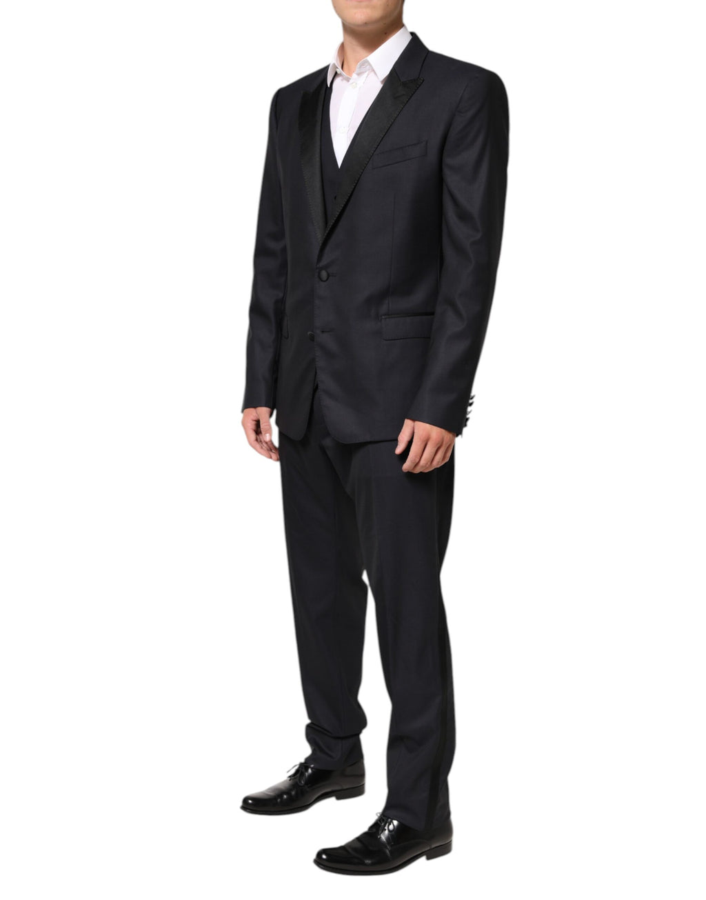 Costume 3 pièces noir Dolce & Gabbana MARTINI avec 2 boutons, vue détaillée du costume élégant et sophistiqué.