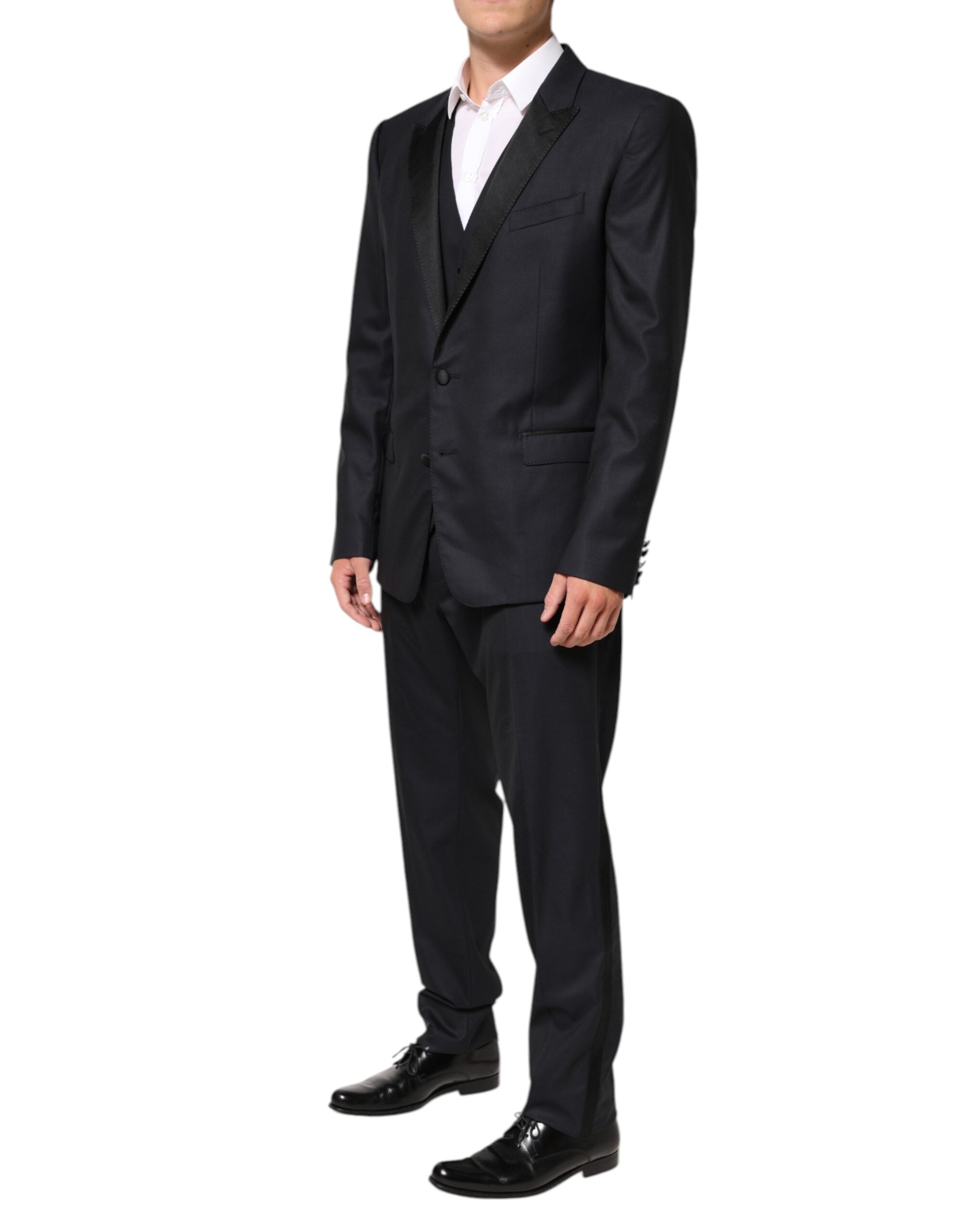 Costume 3 pièces noir Dolce & Gabbana MARTINI avec 2 boutons, vue détaillée du costume élégant et sophistiqué.