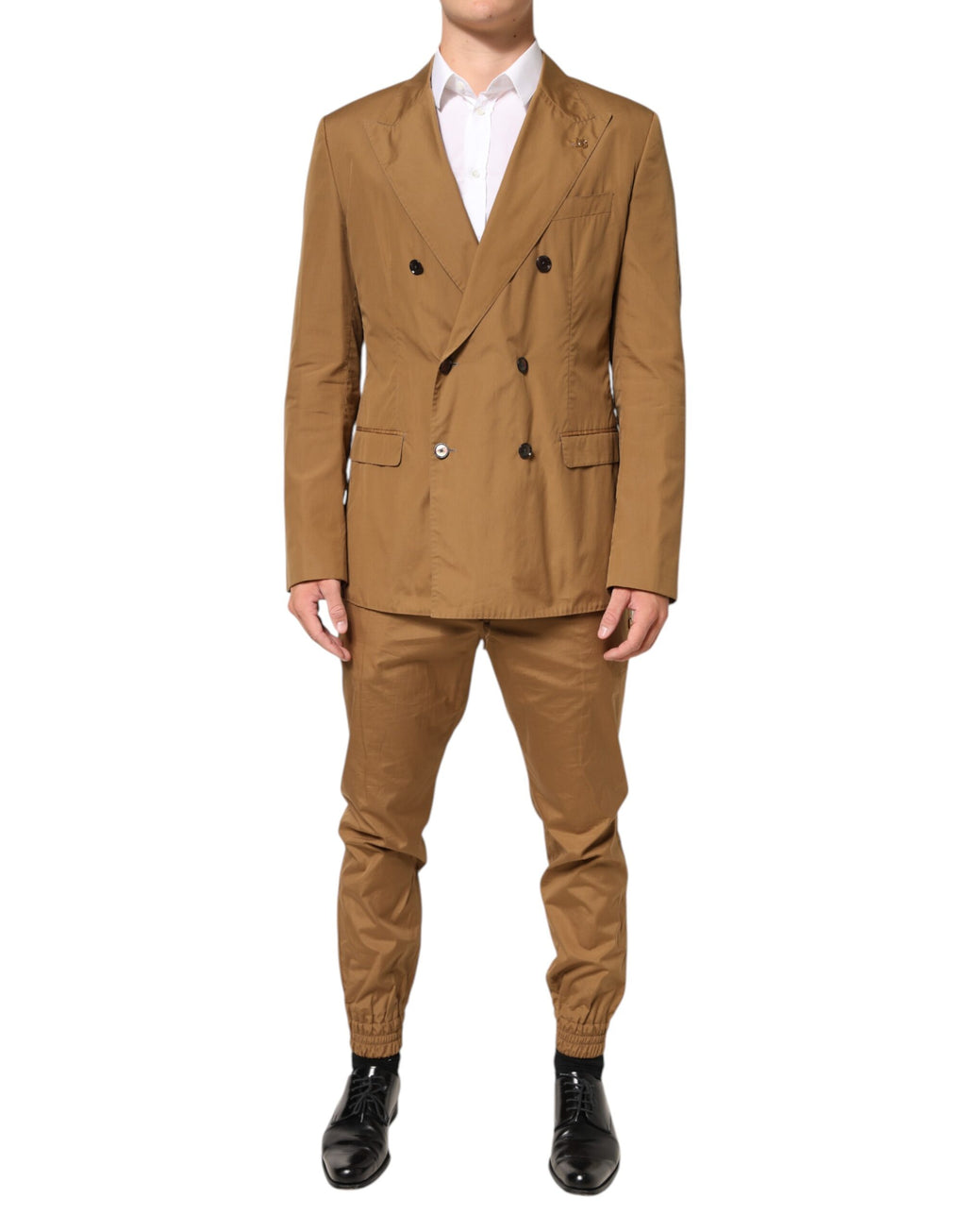 Costume double-pièce marron Dolce & Gabbana Taormina avec veste croisée et pantalon élégant, tissu sophistiqué et coupe ajustée.