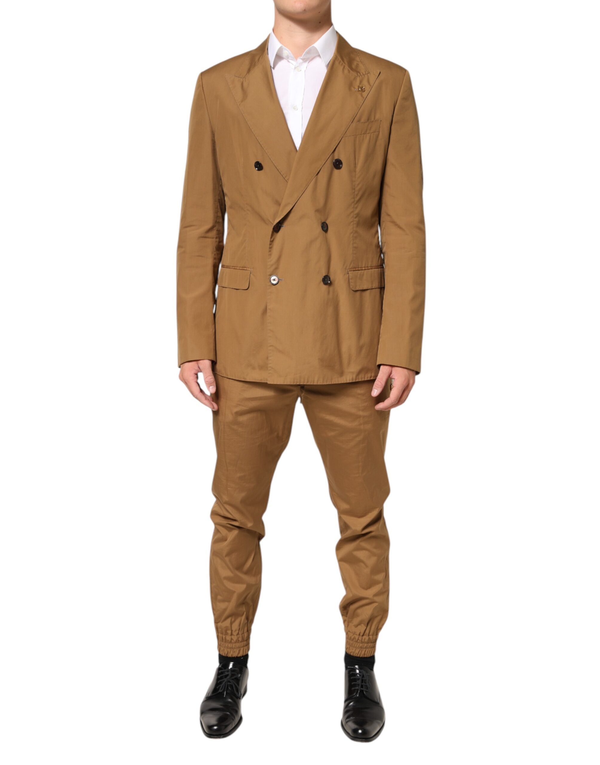 Costume deux pièces marron Dolce & Gabbana Taormina, veste croisée à double boutonnage et pantalon assorti.