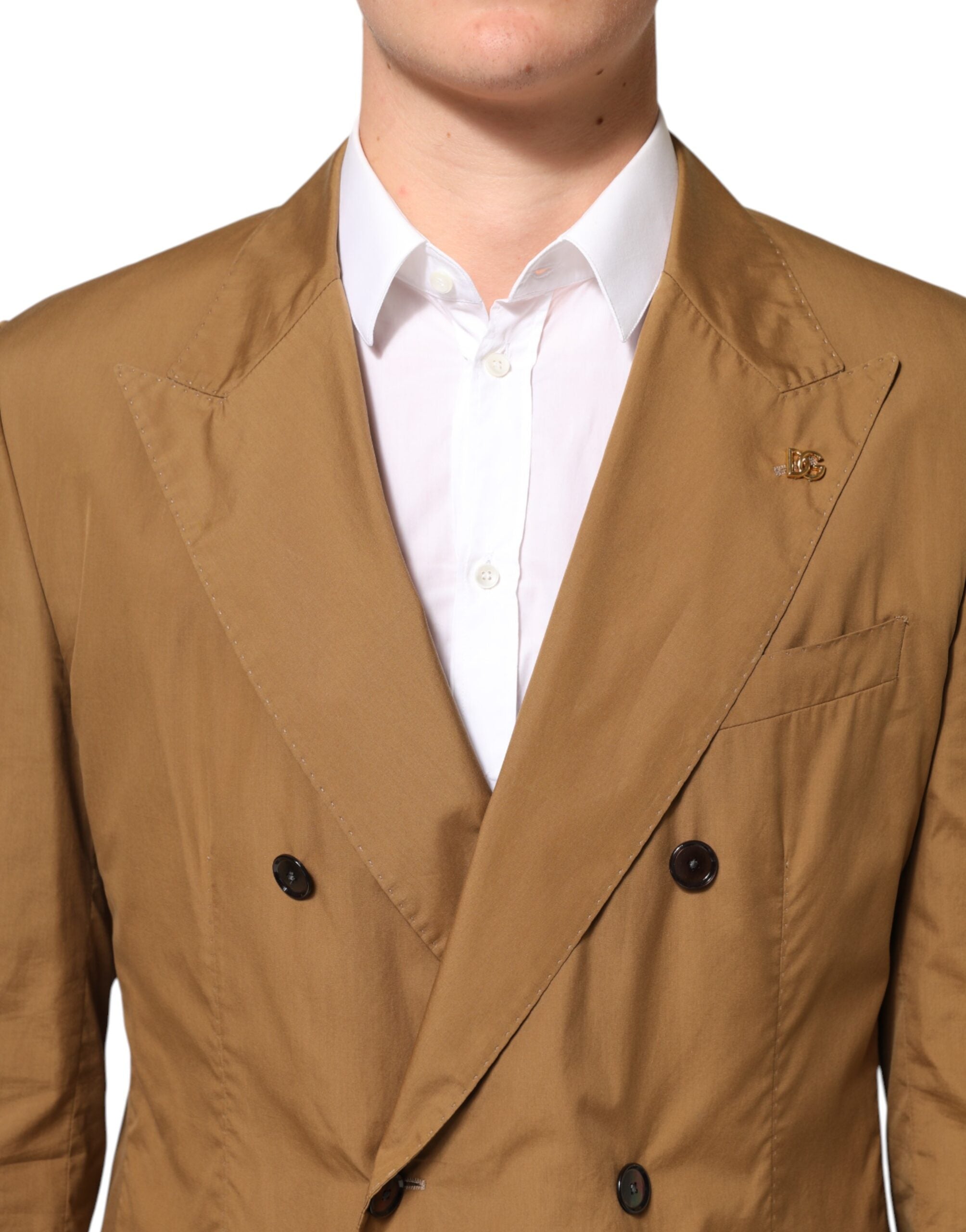 Costume deux pièces marron Dolce & Gabbana Taormina à double boutonnage, veste et pantalon élégants, en tissu sophistiqué.