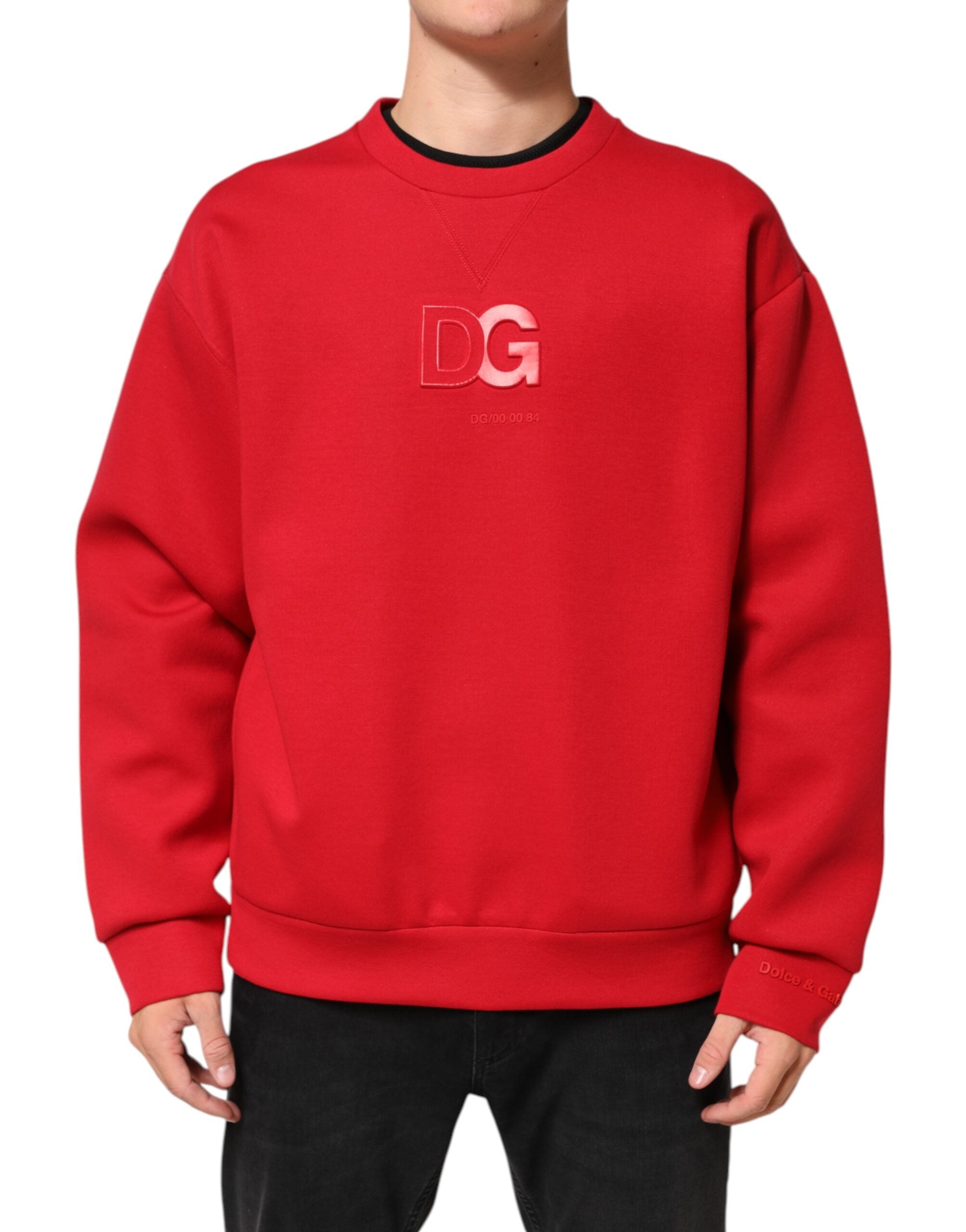 Sweat-shirt homme Dolce & Gabbana rouge avec logo DG à col ras du cou, en coton, vue de face.