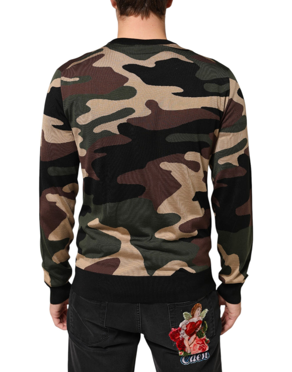Pull à manches longues Dolce & Gabbana multicolore camouflage, col rond, pour homme, en tissu doux et confortable.