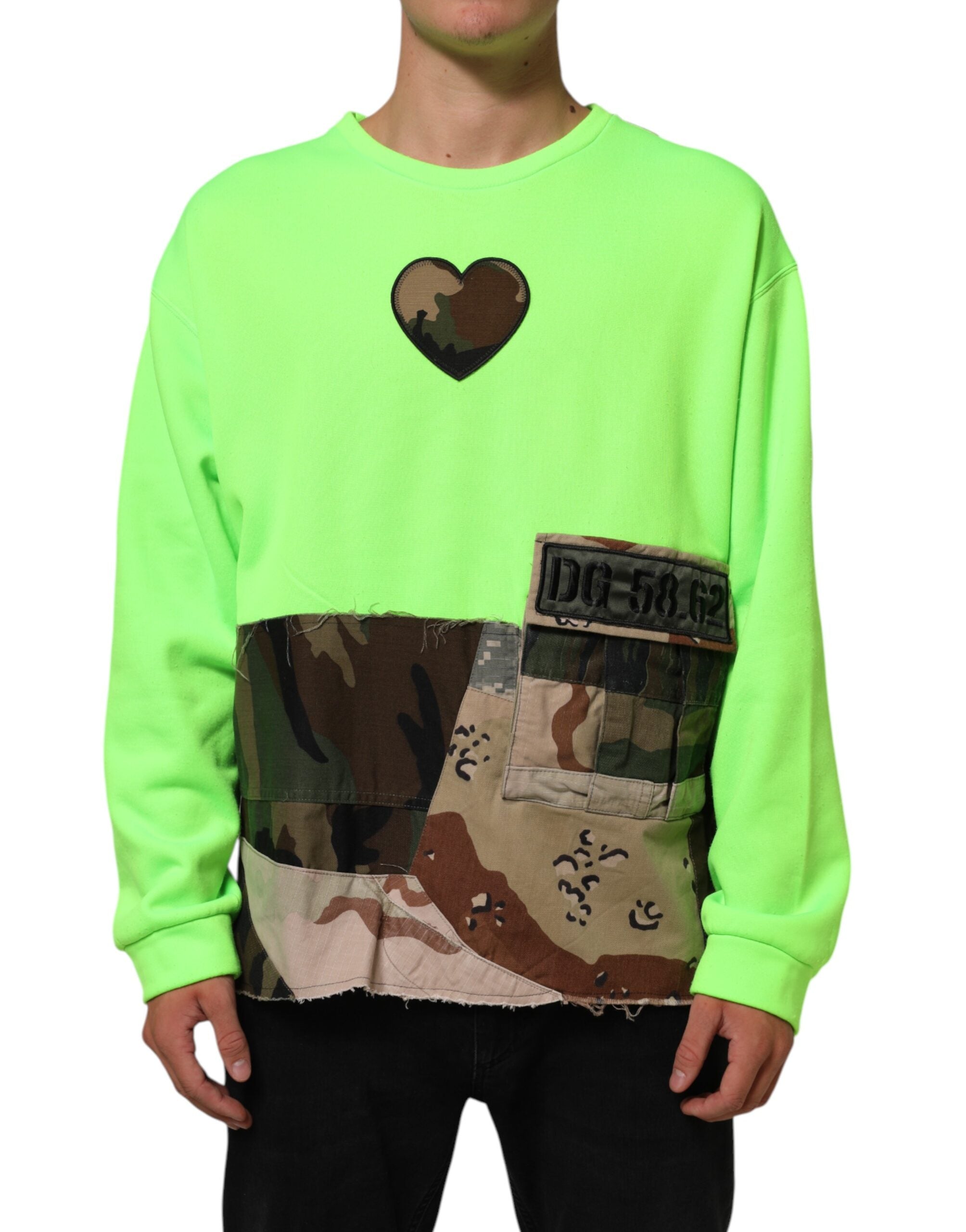 Sweatshirt homme Dolce & Gabbana à patchwork vert, pull en coton avec motif coloré et design tendance.