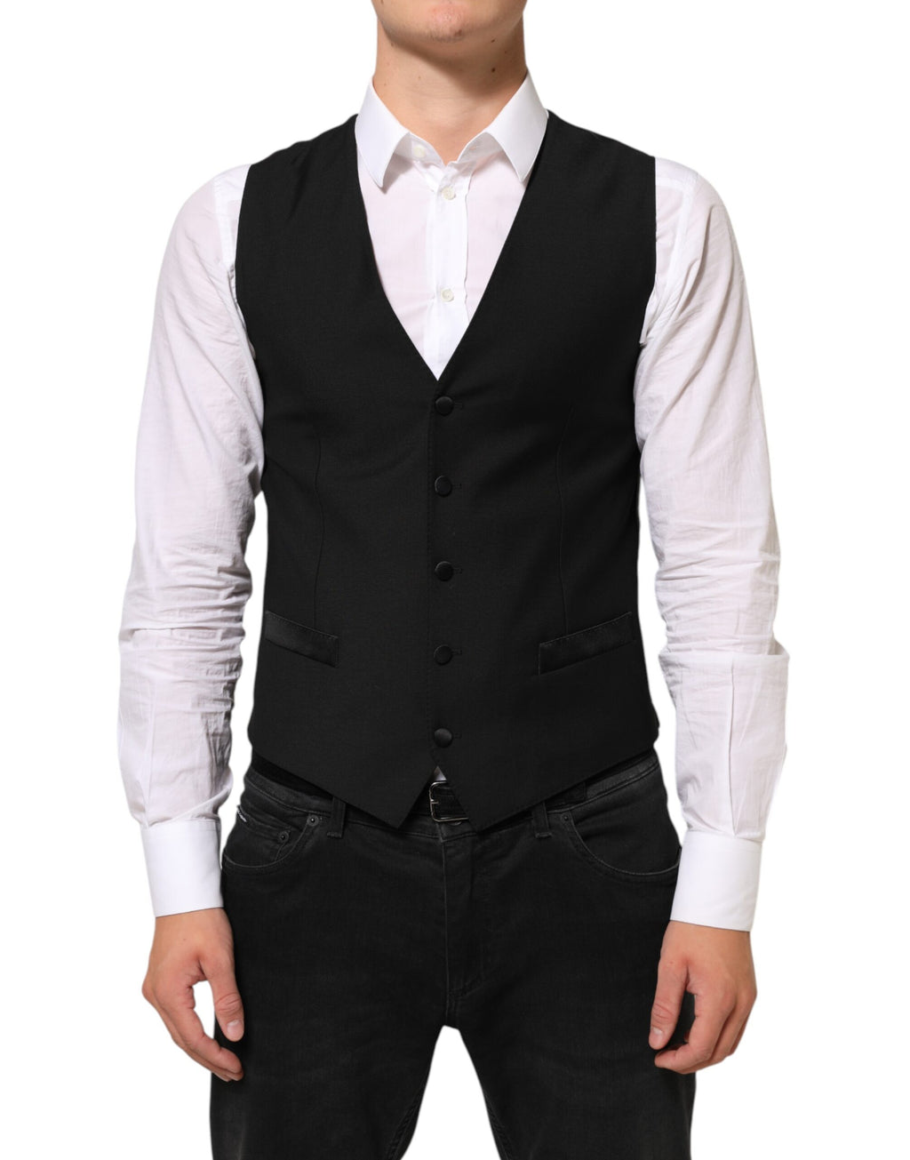 Gilet homme en laine noire de la marque Dolce & Gabbana, costume formel élégant et ajusté avec boutons devant.