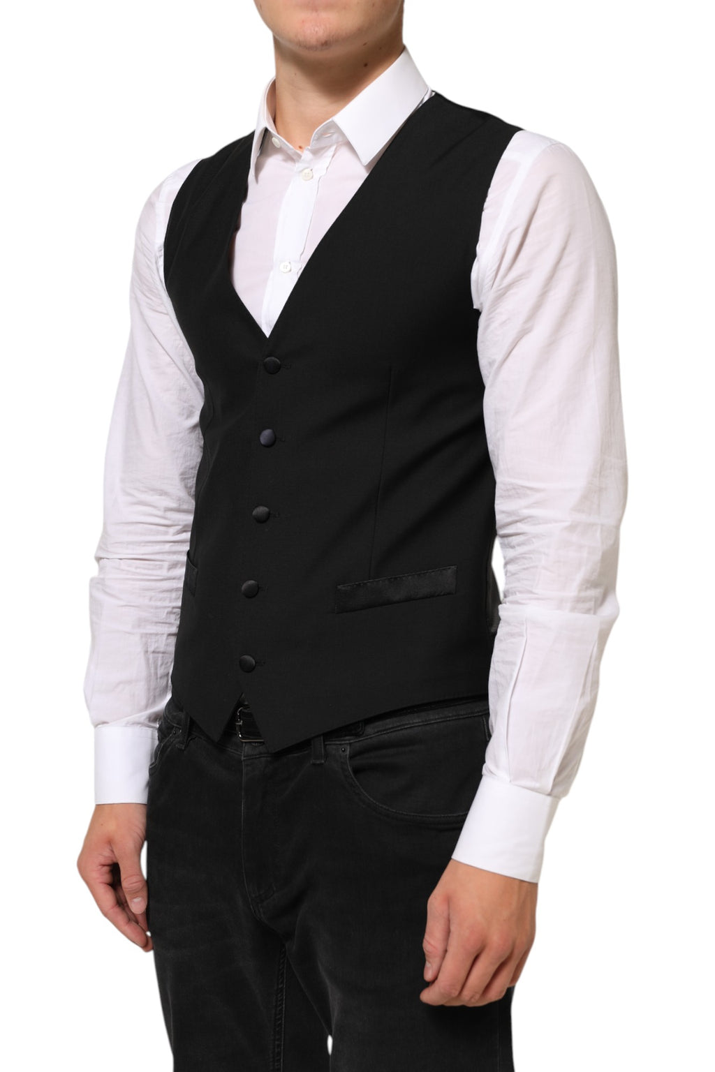 Veste en laine noire Dolce & Gabbana pour homme, costume formel, veste cintrée avec détails élégants.