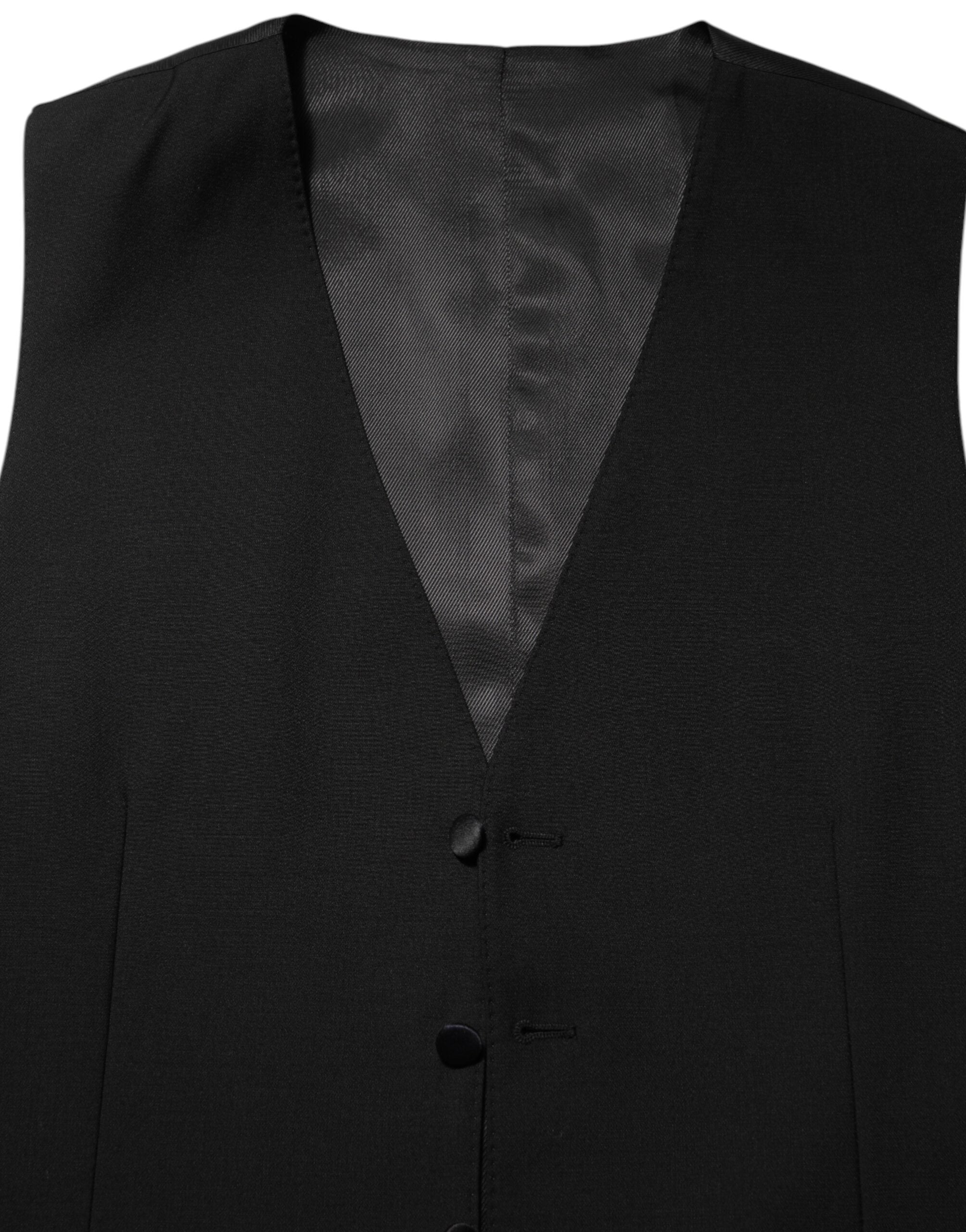 Gilet homme Dolce & Gabbana en laine noire, costume formel, ajusté, avec col en V et boutons, prêt à porter élégant.