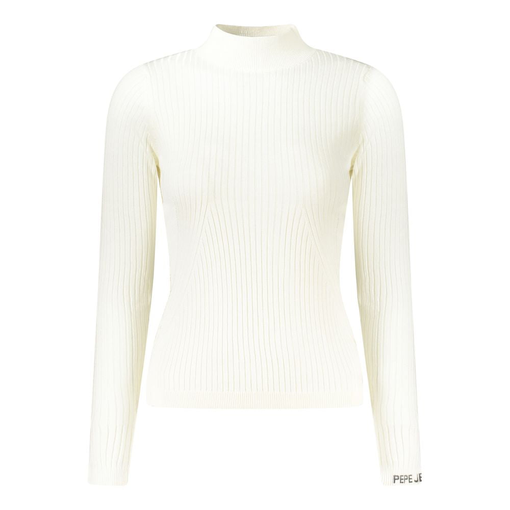 Pull femme en coton blanc de Pepe Jeans, sweat-shirt léger avec col rond et manches longues, porté par une femme.