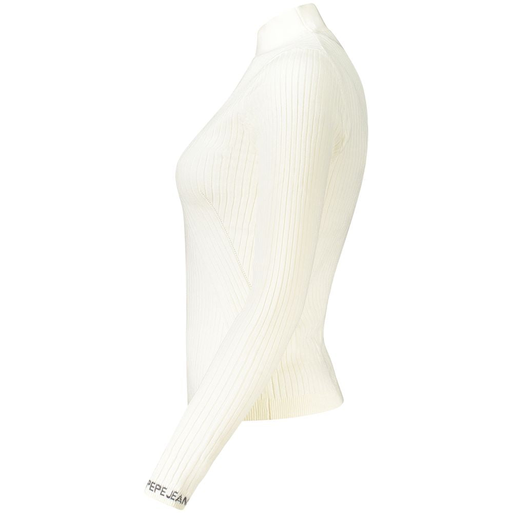 Pull en coton blanc pour femmes de Pepe Jeans, sweat-shirt élégant avec col rond et manches longues, porté par une femme.