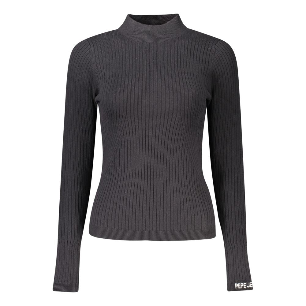 Pull à manches longues en coton noir pour femmes de Pepe Jeans, coupe décontractée, porté avec col rond.