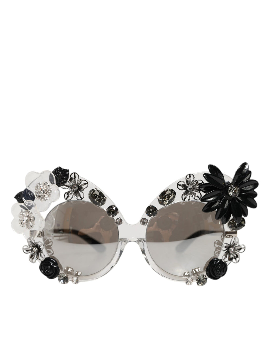 Lunettes de soleil rondes Dolce & Gabbana DG4292 transparent avec détails en cristaux et fleurs, mode élégante et sophistiquée.