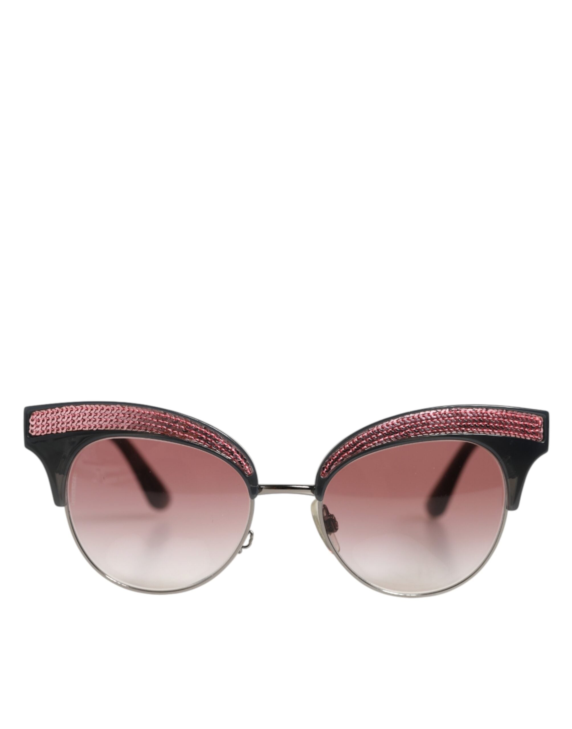 Lunettes de soleil Dolce & Gabbana noires et roses avec monture en miroir et forme œil de chat ornée de sequins.