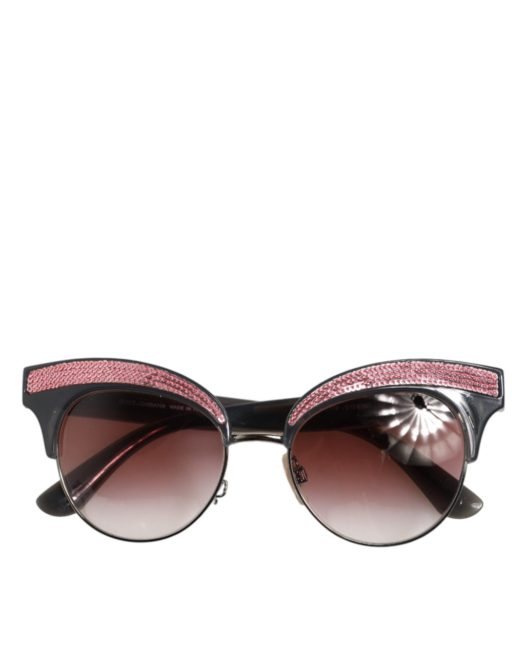 Lunettes de soleil noires et roses Dolce & Gabbana, monture miroir en forme de chat, ornées de sequins élégants.