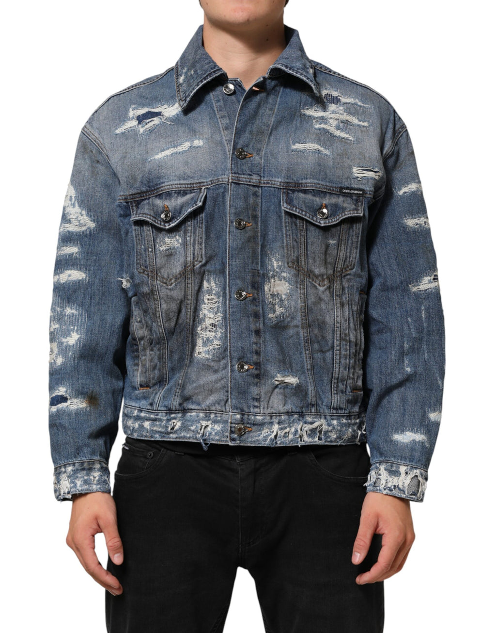 Veste en jean déchirée en coton bleu de Dolce & Gabbana, style décontracté et tendance.